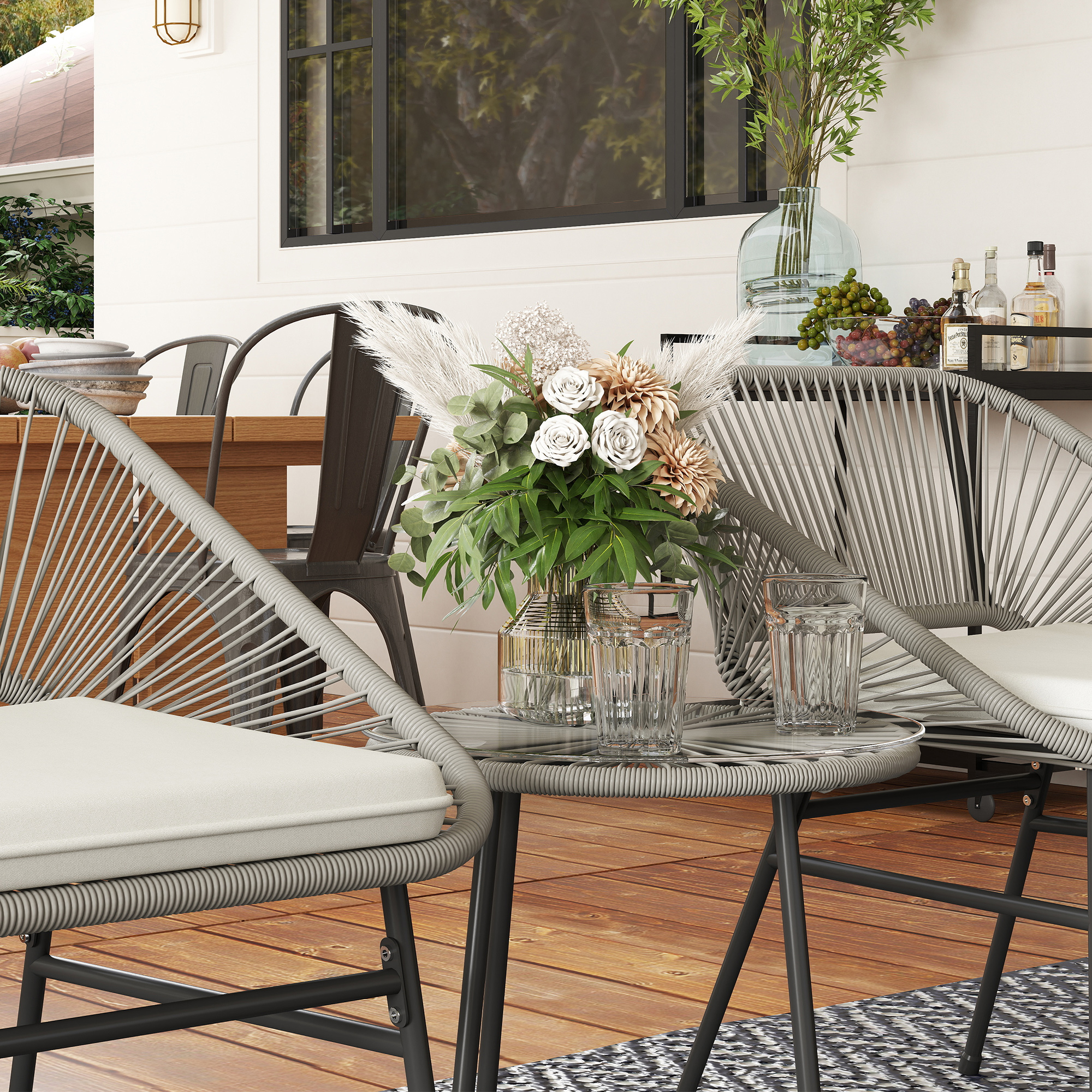 3-teiliges Outdoor-Möbelset, 1 Tisch, 2 Stühle, Rattan-Geflecht, Stahlrahmen, Kaffeetisch mit Glasplatte, Dunkelgrau