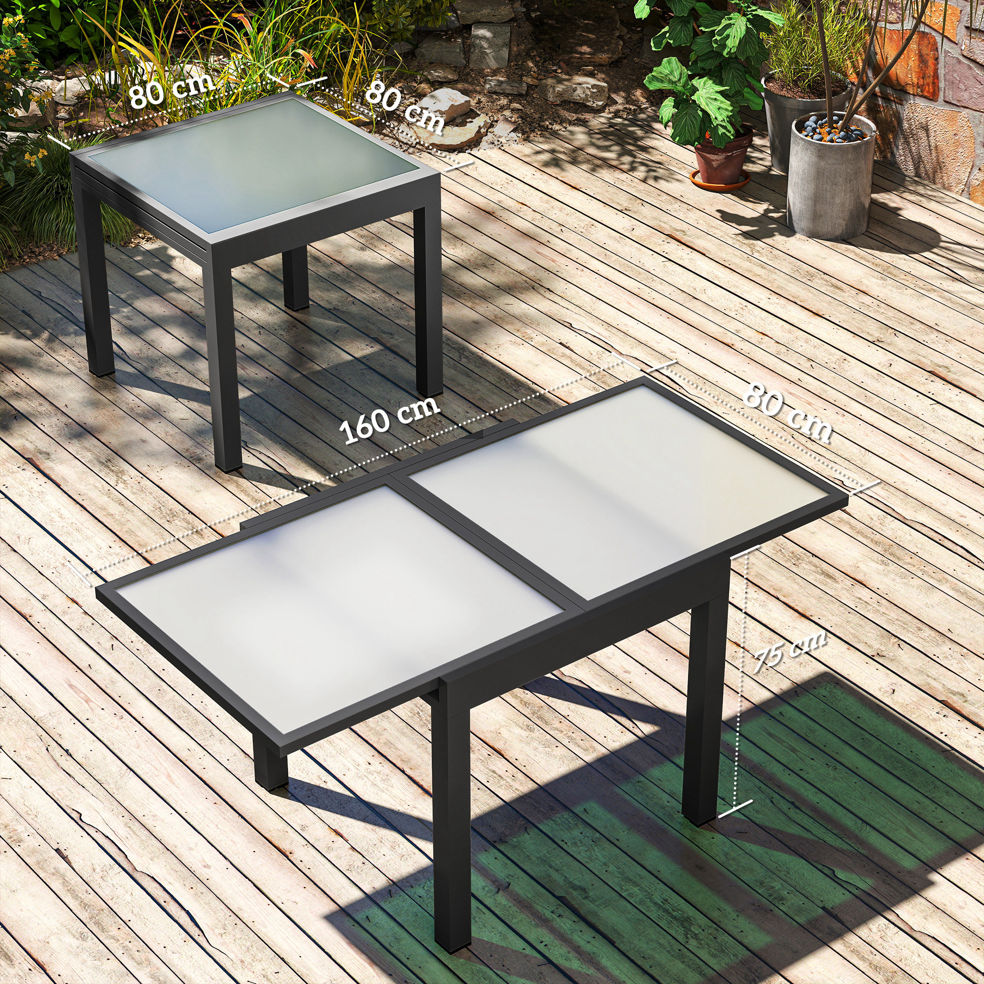 Gartentisch ausziehbar Outdoortisch Erweiterbarer Buffettisch, wetterbeständig, 160 cm × 80 cm × 75 cm, Schwarz