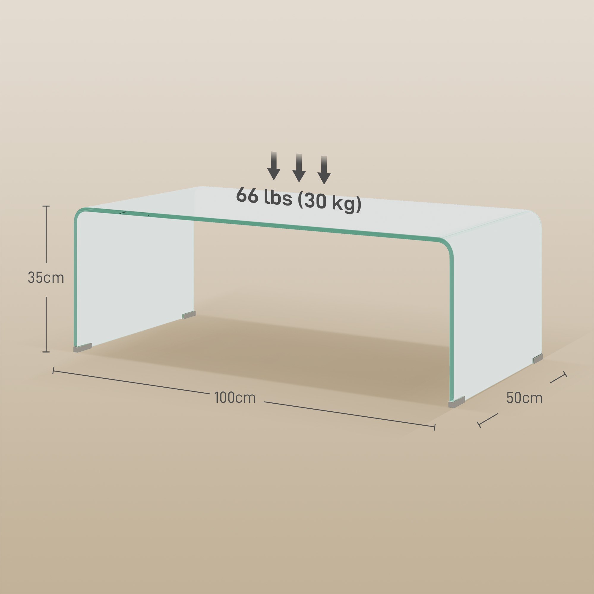 Stabiler Couchtisch aus Glas, einteiliges Design, schlicht und modern, 100 x 50 x 35 cm, Transparent