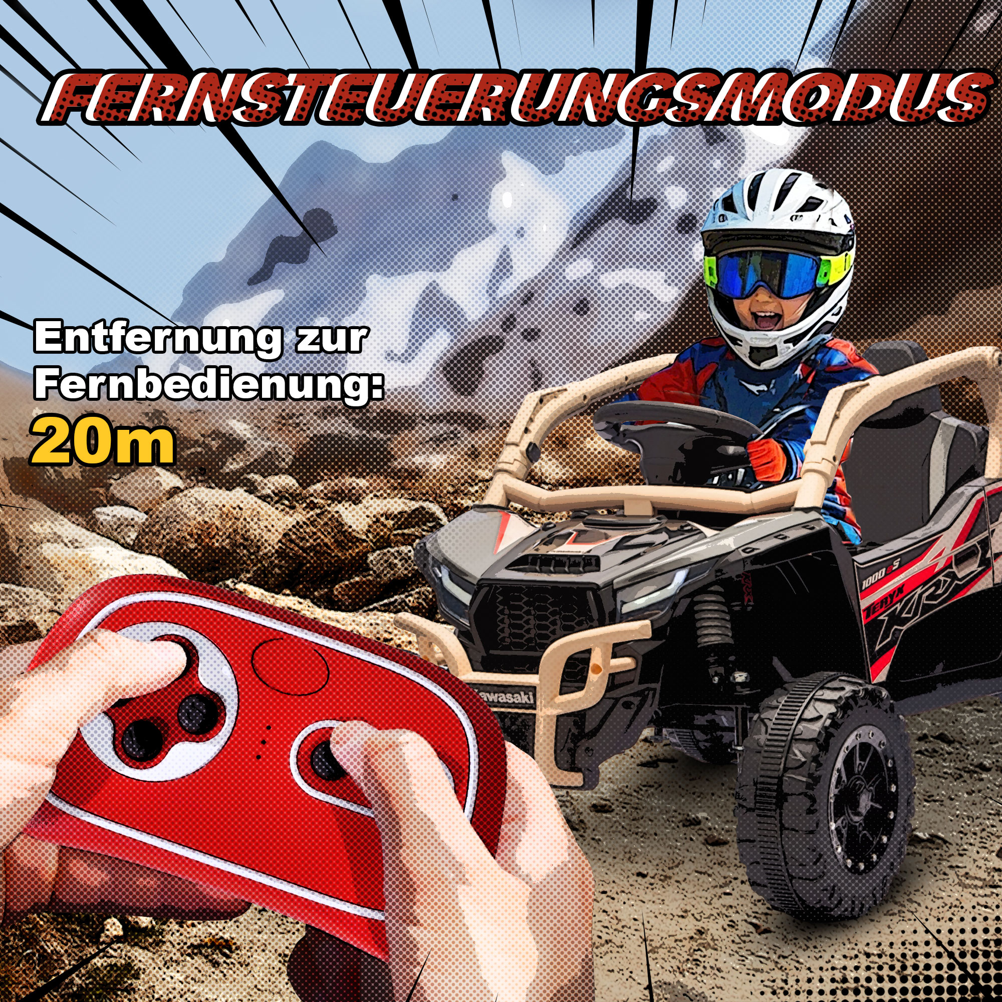 12V Geländefahrzeug für Kinder, Fernbedienung, LED-Lichter, Musik, Hupe, für Kinder von 3-8 Jahren, Gelb