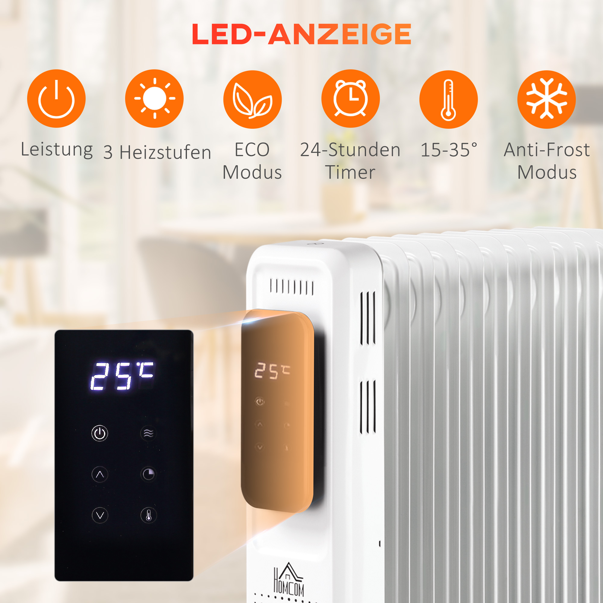 Ölheizung, 3 Heizstufen, Touch-Display, 15-35° C, 2000 W, Stahl, weiß, 42,5 x 24 x 63cm