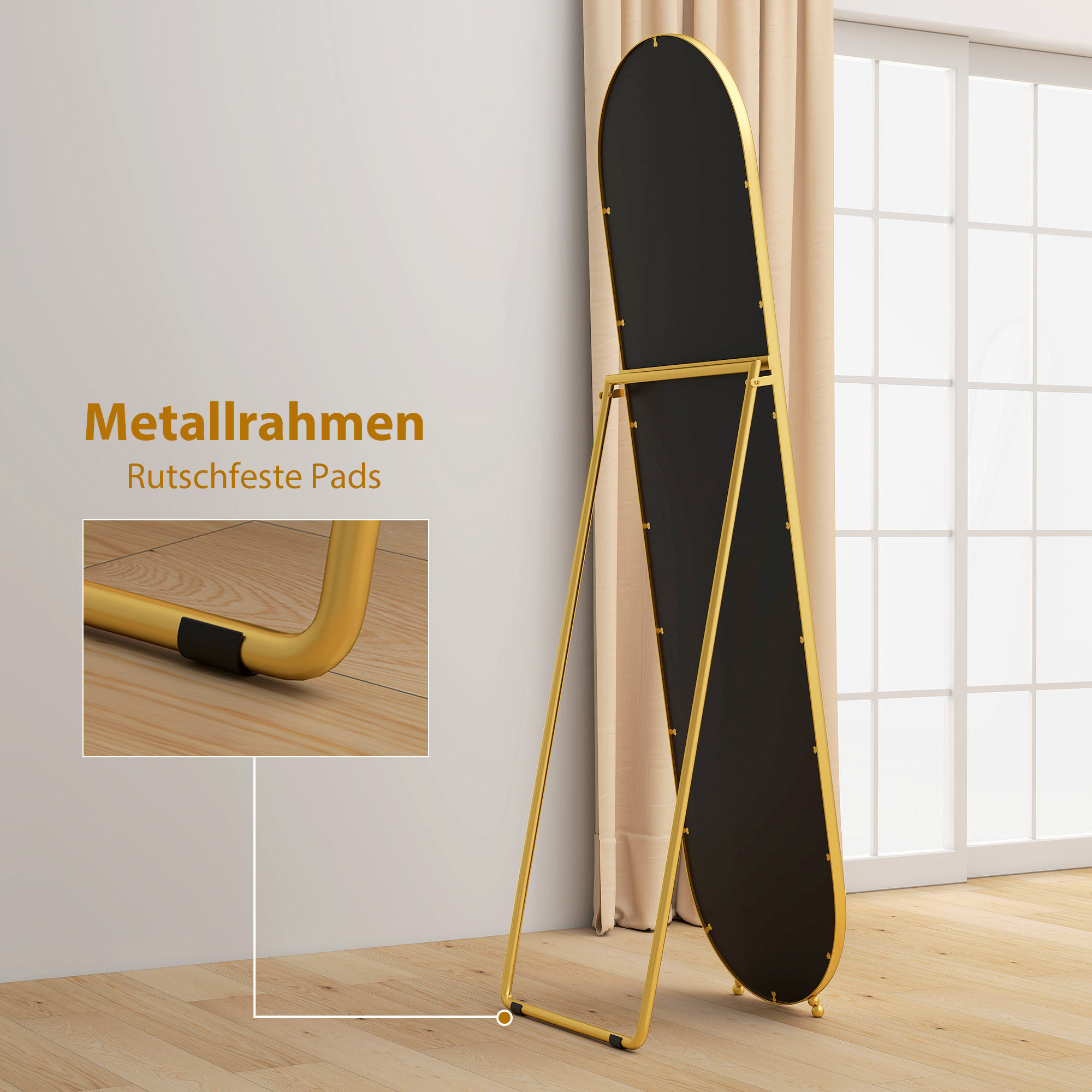 Ganzkörperspiegel, ovale Form, freistehend, Metallrahmen, 50x180cm, Gold