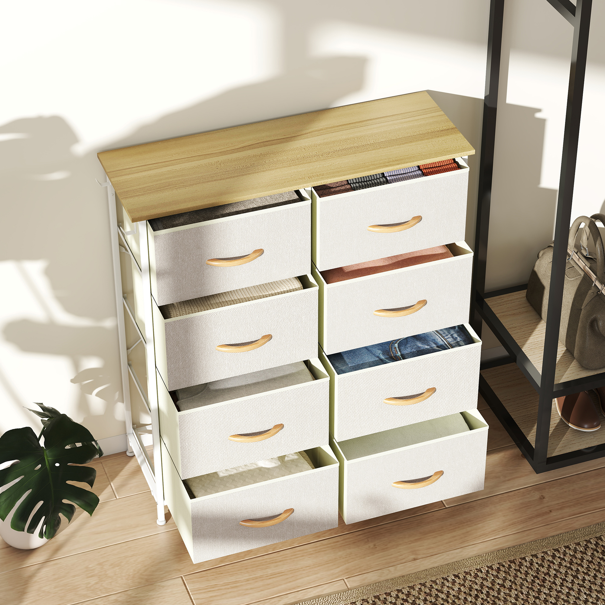 Schlafzimmer-Kommode mit 8 Stoffschubladen, Stahlstreben, Holzoberfläche, 4 Aufbewahrungstaschen, 2 Haken, Beige