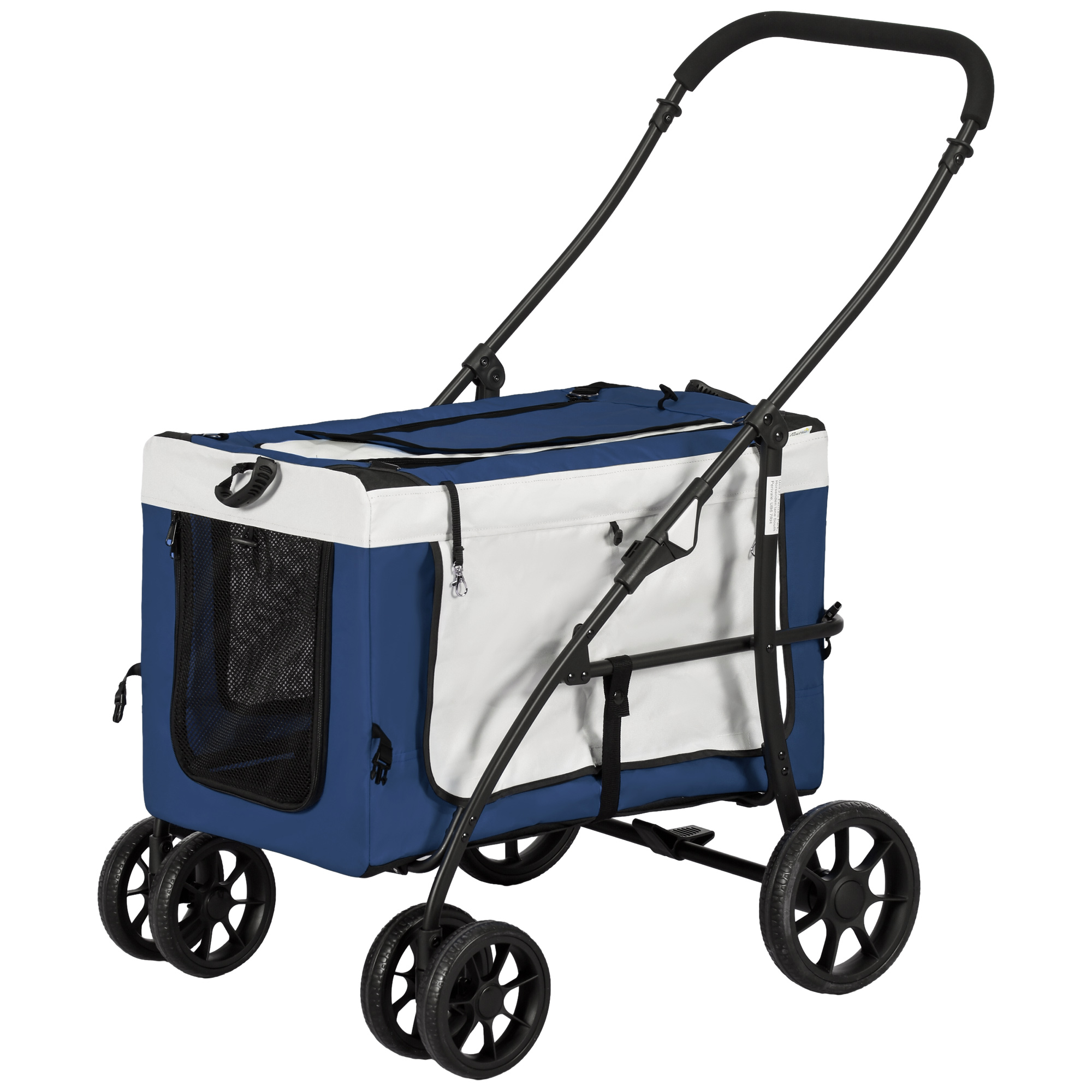 Hundbuggy Haustierbuggy Haustiertransporter bis 10kg klappbar verstellbare Trageriemen abnehmbarer Korb 81 x 58 x 97,5 cm Schwarz + Blau + Weiß