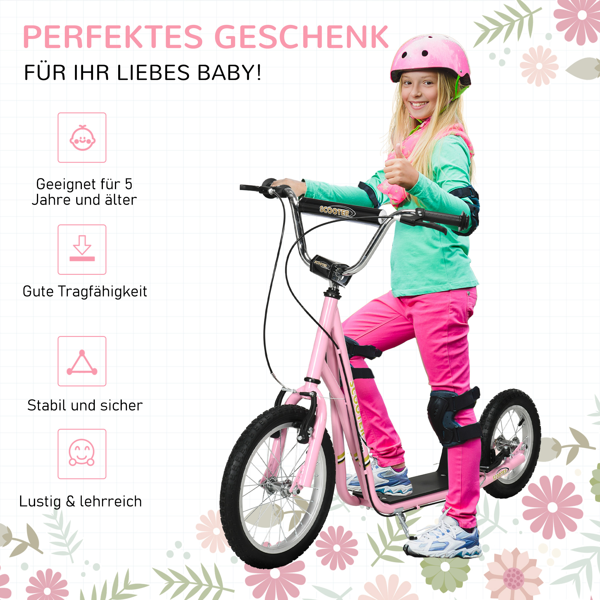 Roller Kinderroller mit Luftreifen Handbremse, 16 Zoll Tretroller Höhenverstellbar Kickscooter für Jungen und Mädchen ab 5 Jahre Kickboard Cityroller Kinder Scooter Rosa