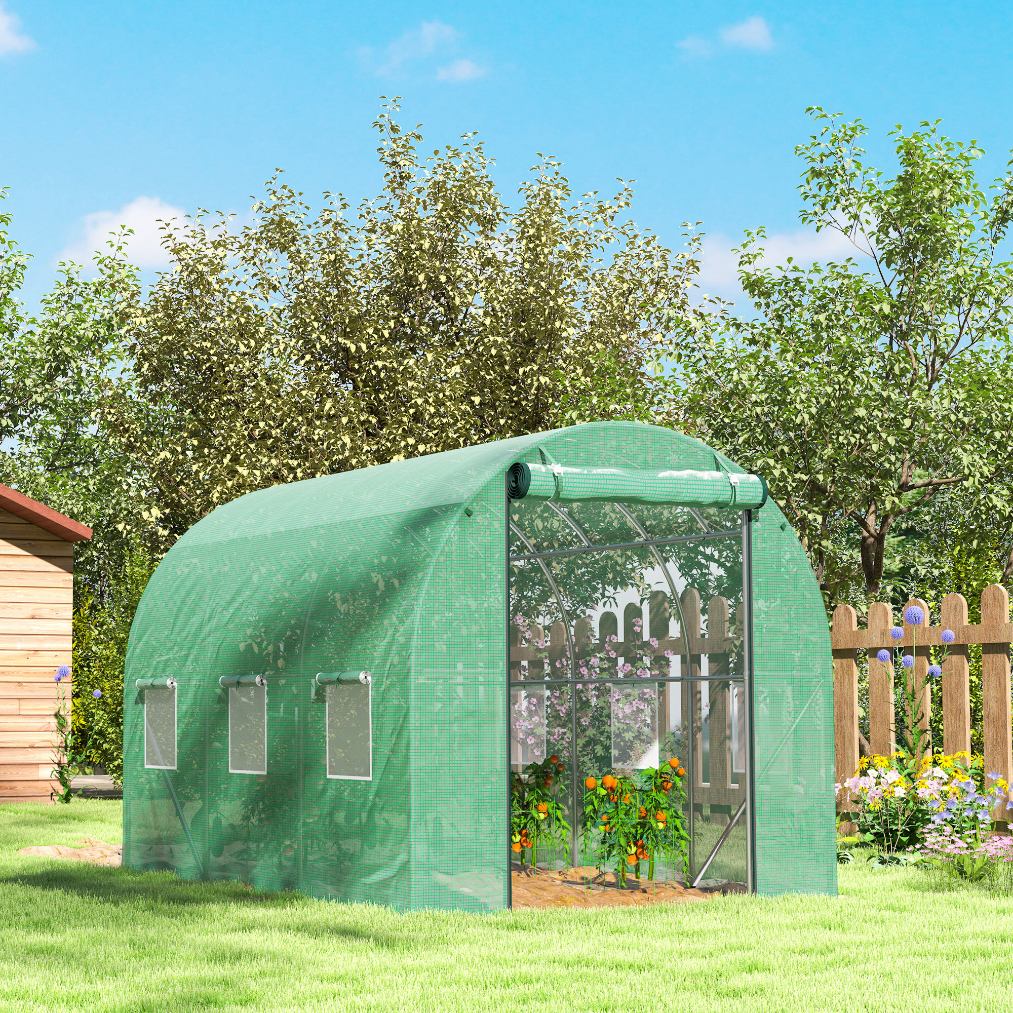 Polytunnel Gewächshaus mit Kunststoff-Abdeckung und Stahlrahmen, begehbares Gewächshauszelt mit Rolltüren, Grün