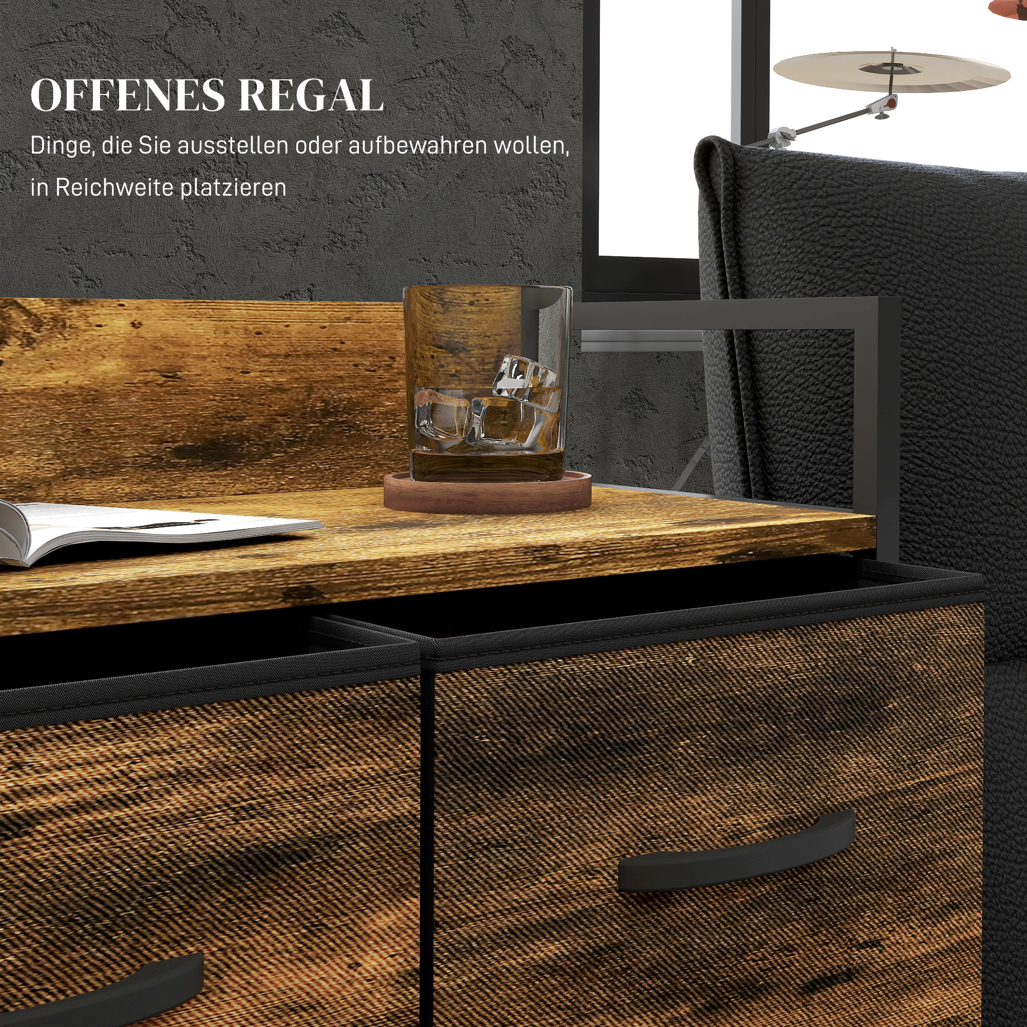 Kommode, Sideboard, 4 Stoffschubladen, Industrial Design, 60x29x85cm, Braun/Schwarz