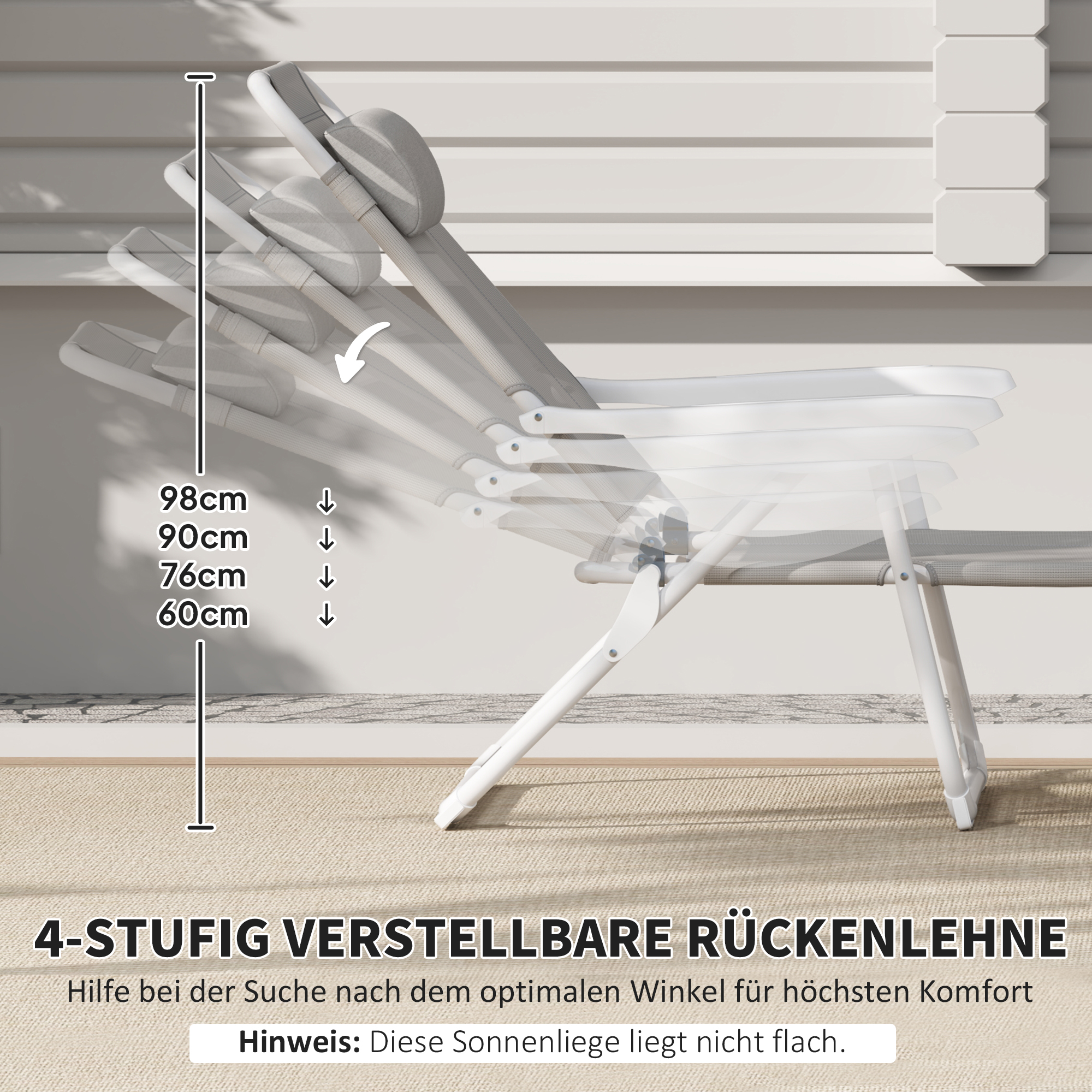 Sonnenliege klappbar Gartenliege mit Kopfkissen, Liegestuhl mit 4-Fach verstellbare Rückenlehne bis 120 kg Hellgrau
