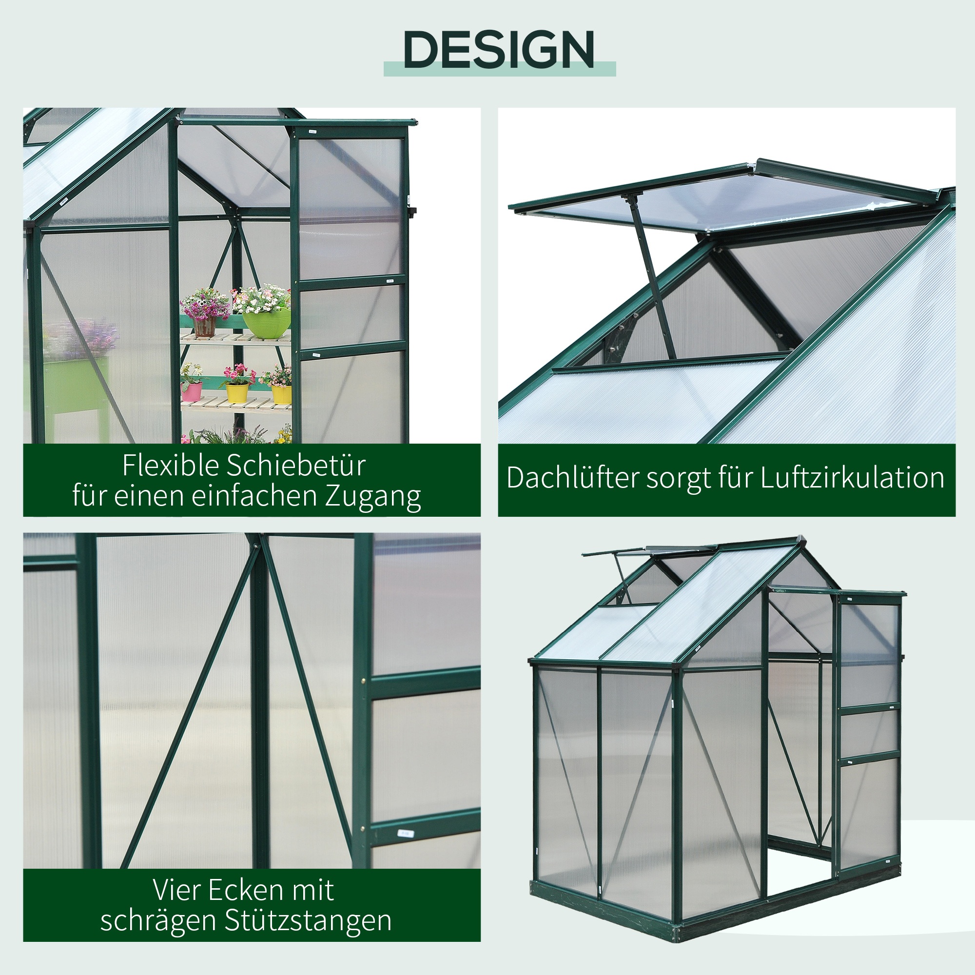 Gewächshaus mit Dachfenster Aluminium Treibhaus 190 cm x 132 cm x 201 cm Grün + Transparent