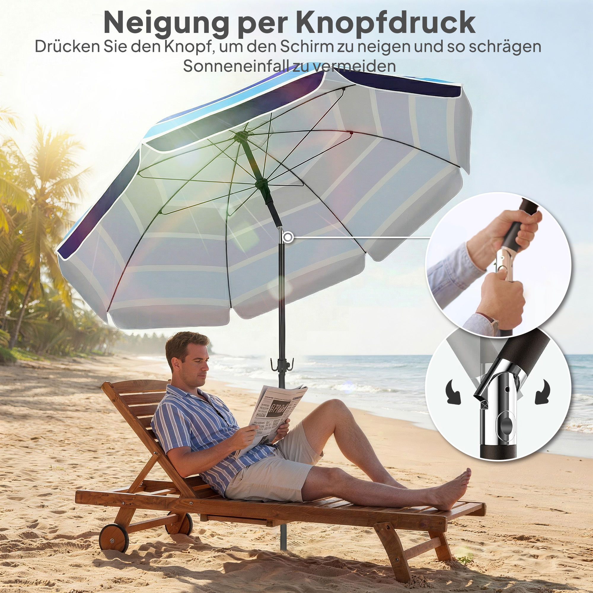 Sonnenschirm Strand Ø198 cm UV30+ Strandschirm mit klappbar Tisch Getränkehalter verstellbarer Neigung Mehrfarbig