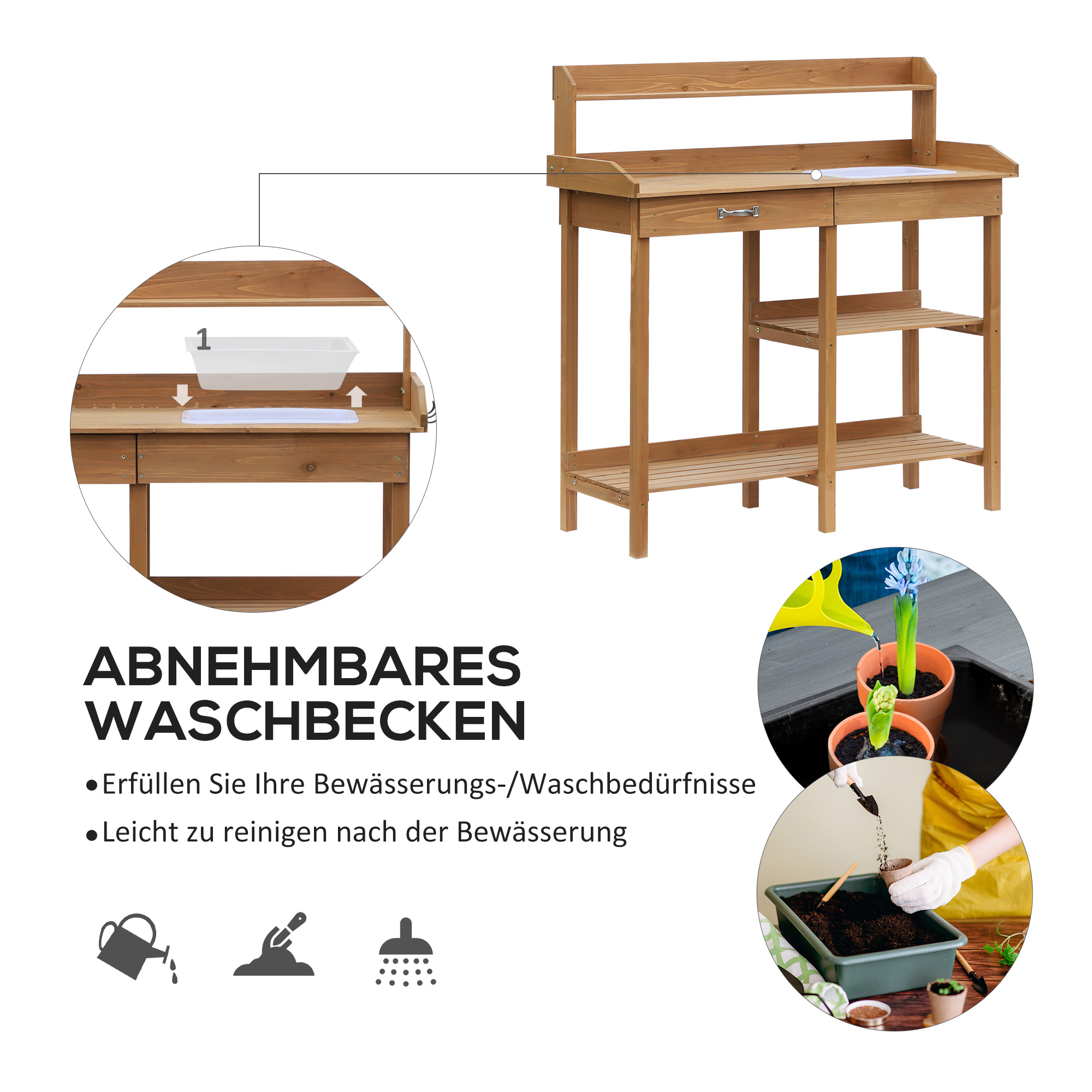 Pflanztisch Gärtnertisch Blumentisch mit Wanne Garten Tannenholz Natur 117 x 45 x 121 cm