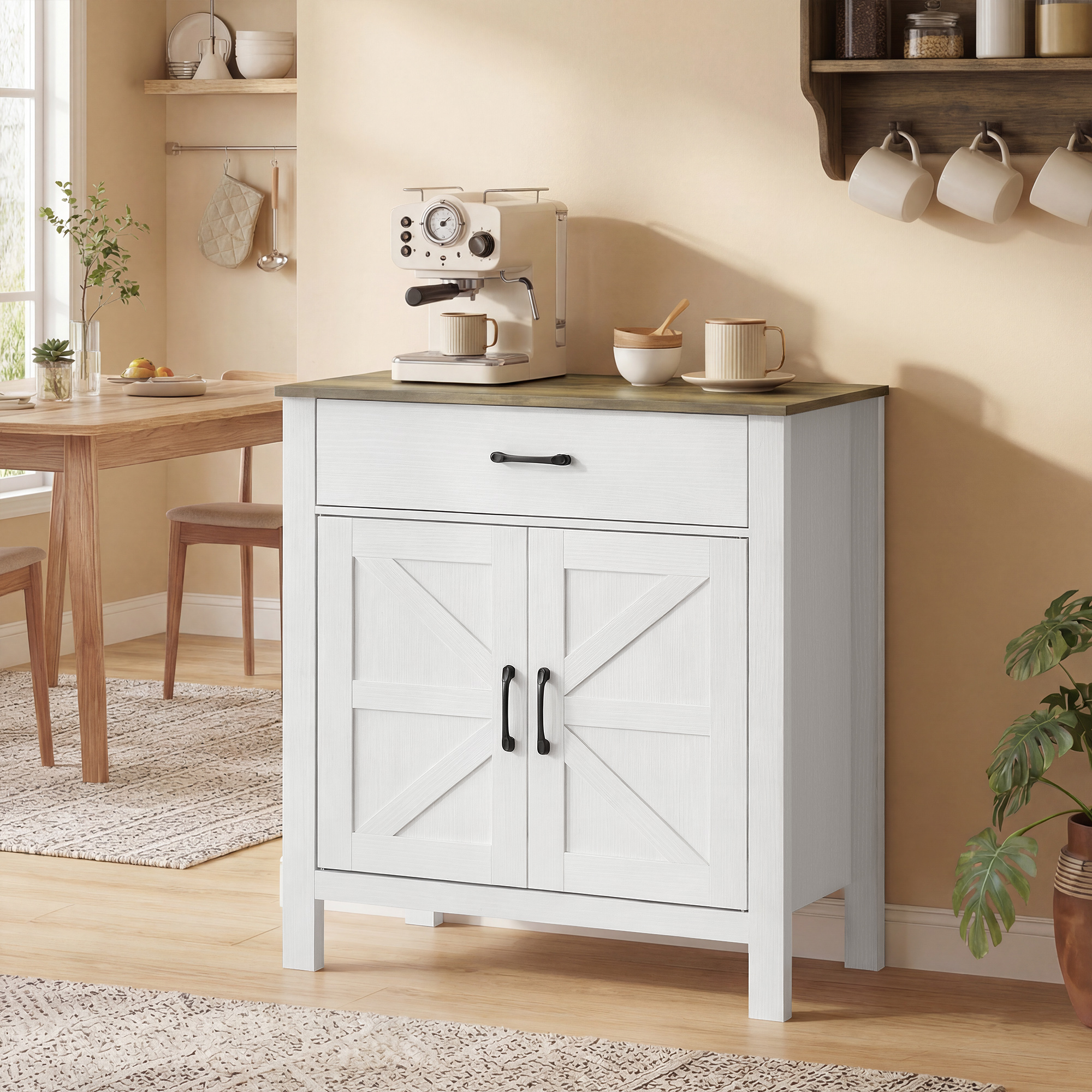 Sideboard Buffet-Schrank, Bauernhaus-Küchenschrank mit Schiebetüren und verstellbarem Regal, Weiß