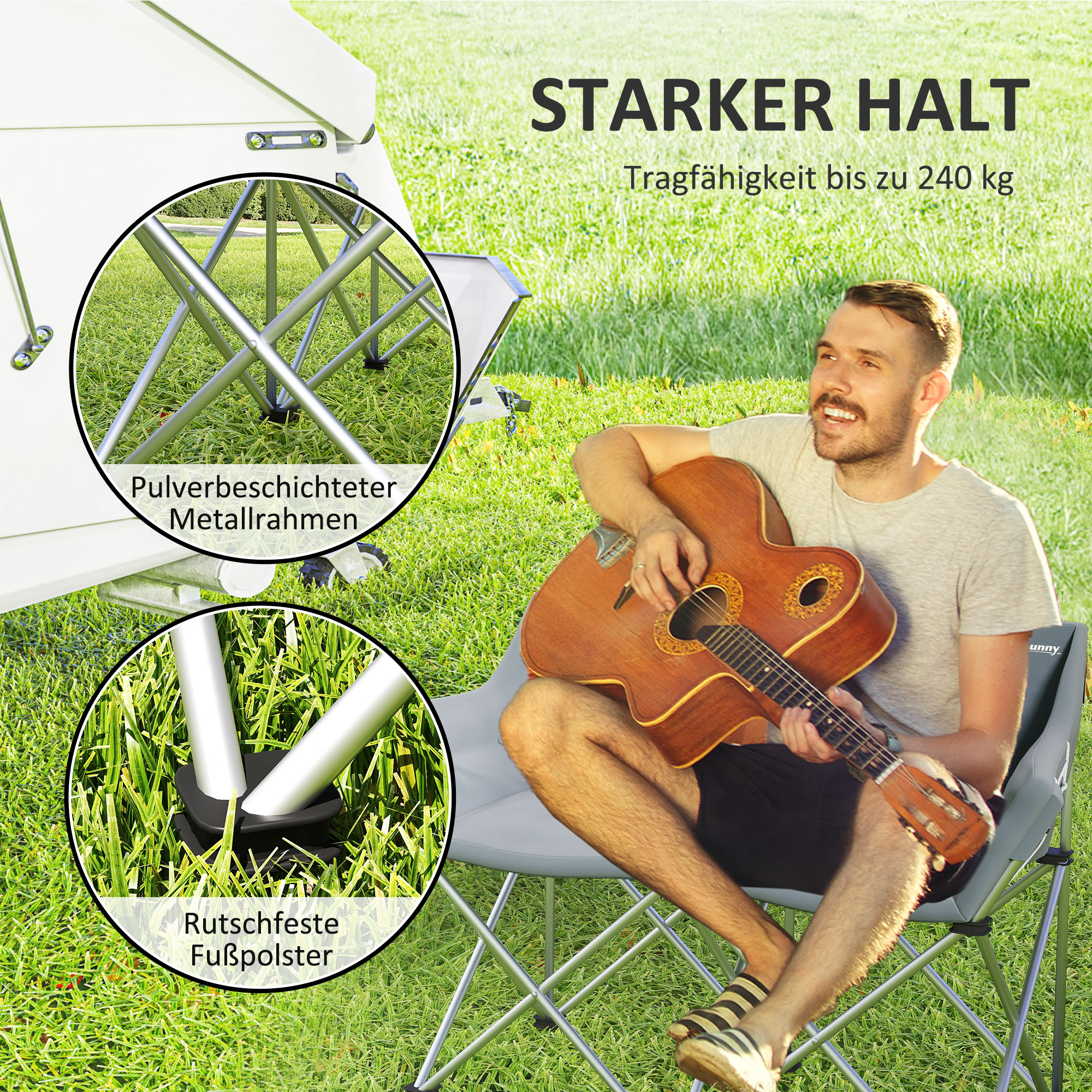 Faltstuhl 2 Sitzer faltbar Campingstuhl mit Armlehnen Seitentasche bis 240kg belastbar Grau