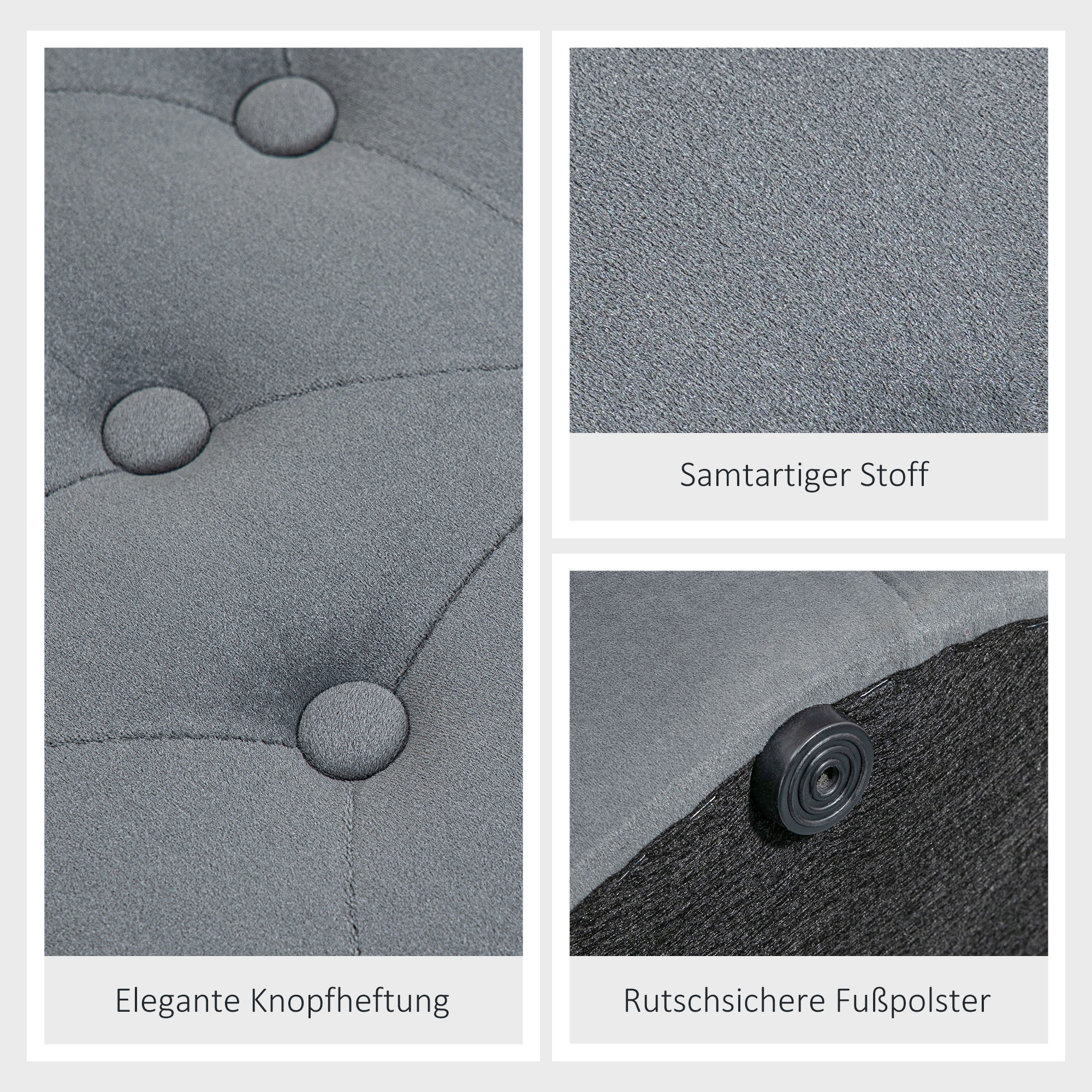 Hocker, rund, mit Staufach, Steppdesign mit Knöpfen, Bezug in Samtoptik, grau, 60 x 60 x 40cm