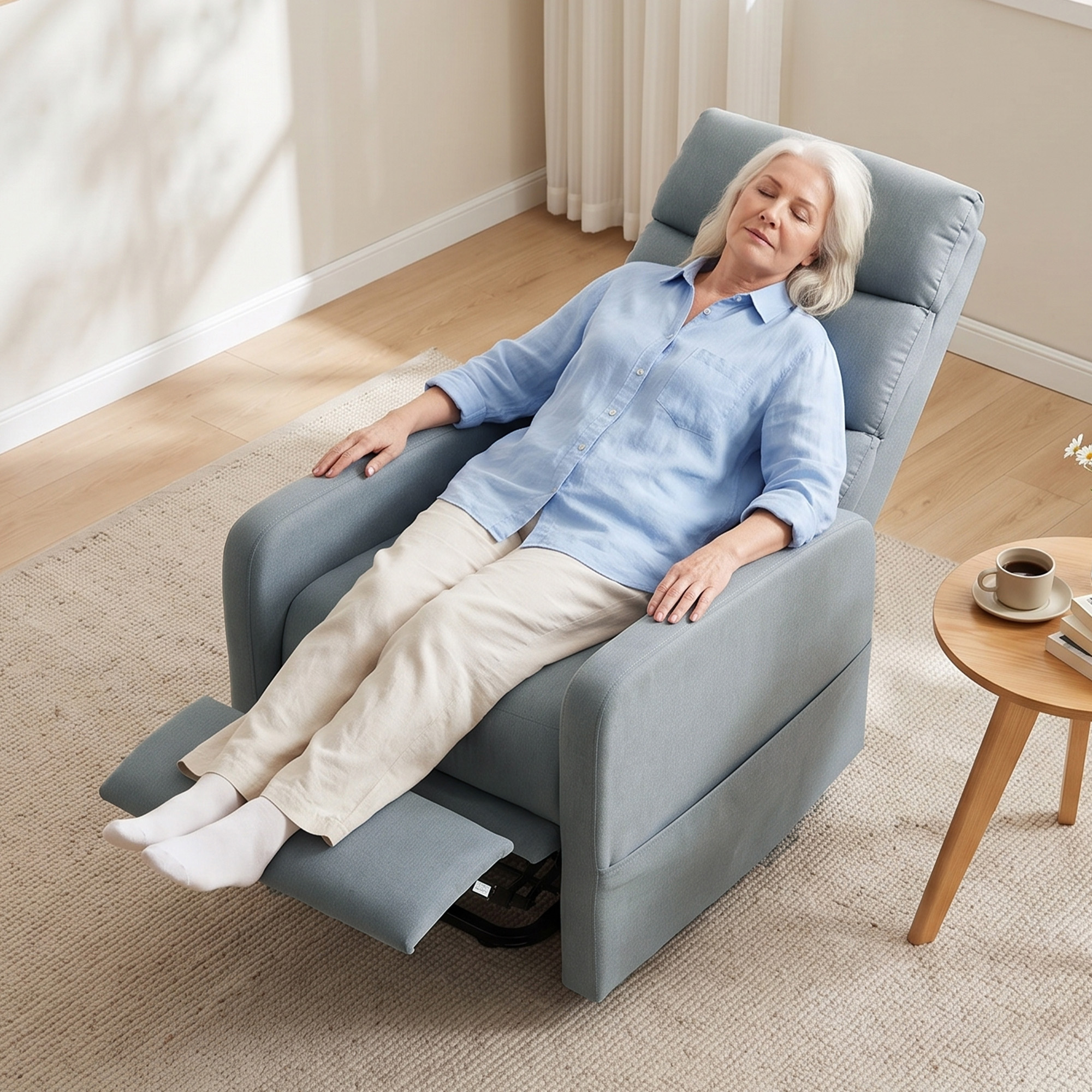 elektrischer Relaxsessel mit Aufstehhilfe, Fernbedienung, weicher Schaumstoff, Seitentasche, Bezug in Leinenoptik, Grau