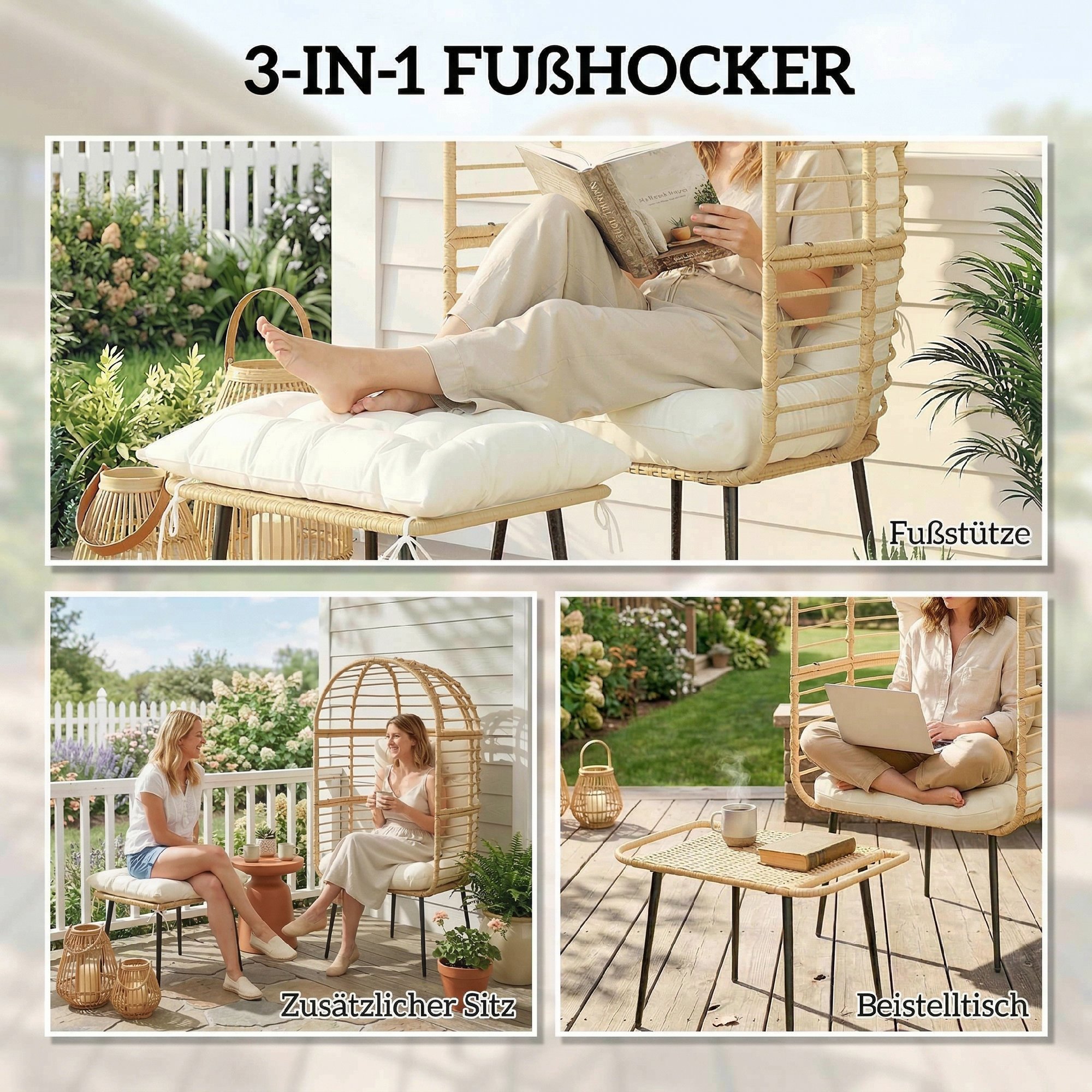Gartensessel mit Hocker PE Rattan Ei-Form Korbsessel mit langen & dicken Kissen Metallrahmen Beige