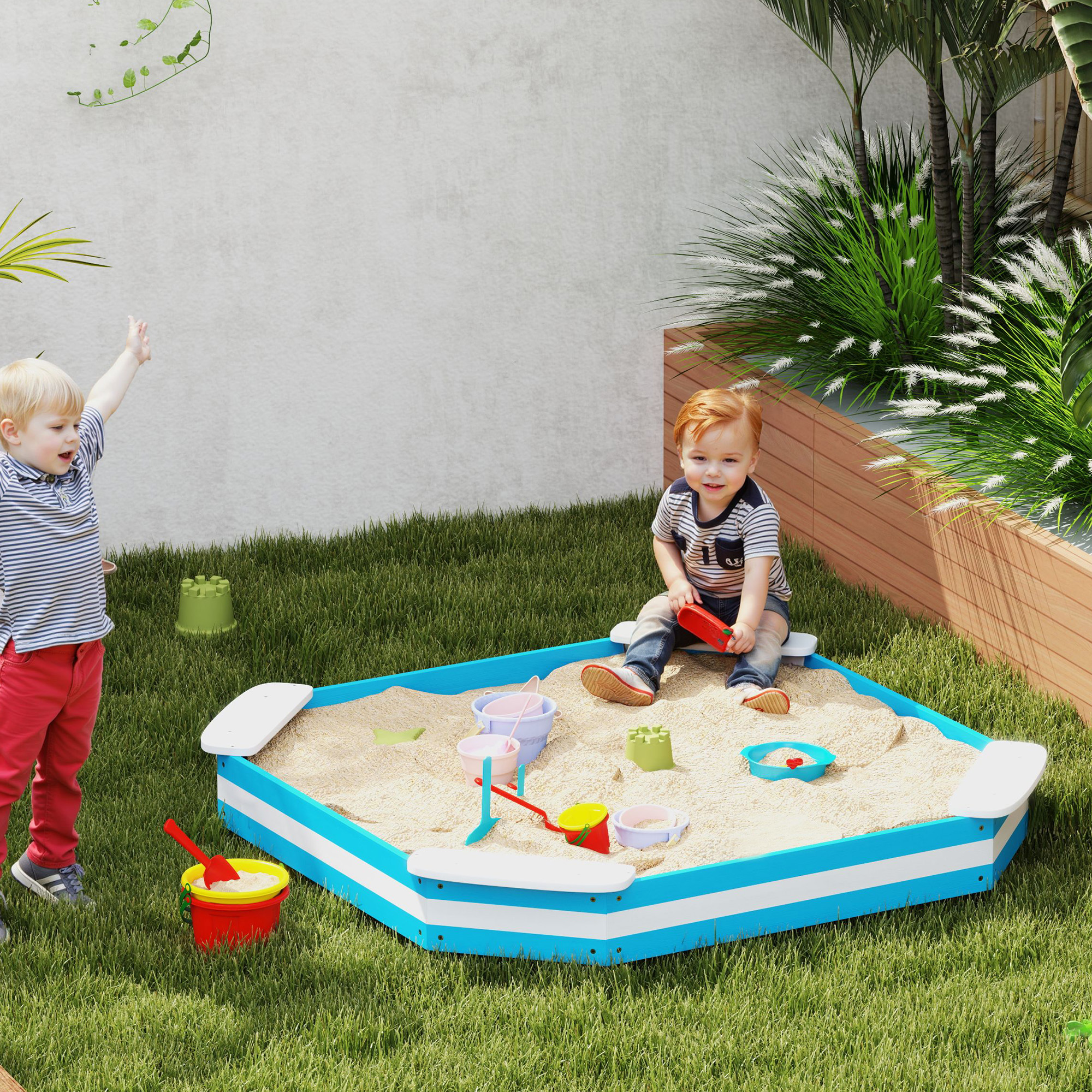 Sandkasten für Kinder, Sandkiste mit 4 Sitzen, Fichtenholz, bodenlos, Blau