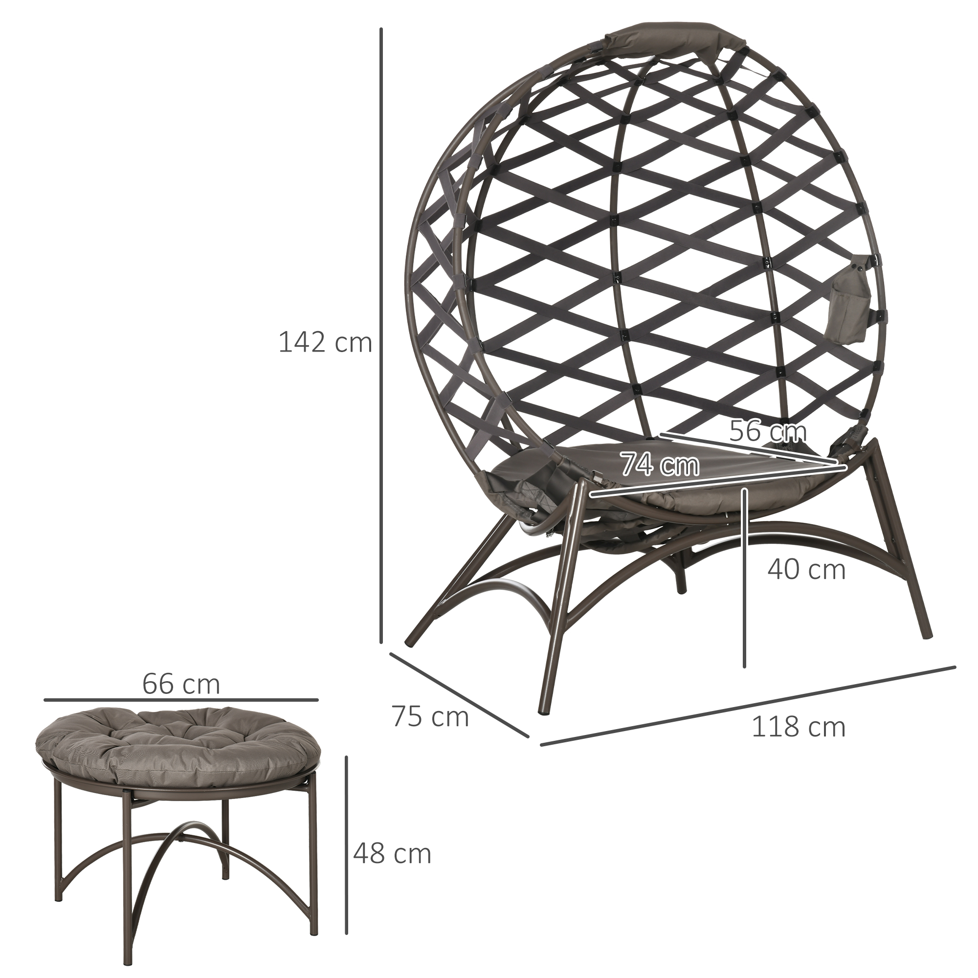 Gartenstuhl-Set, 2-tlg,, Hocker/Beistelltisch, gr, Sitzkissen, Stahlrahmen, Farbe: Sand, 118 x 75 x 142 cm
