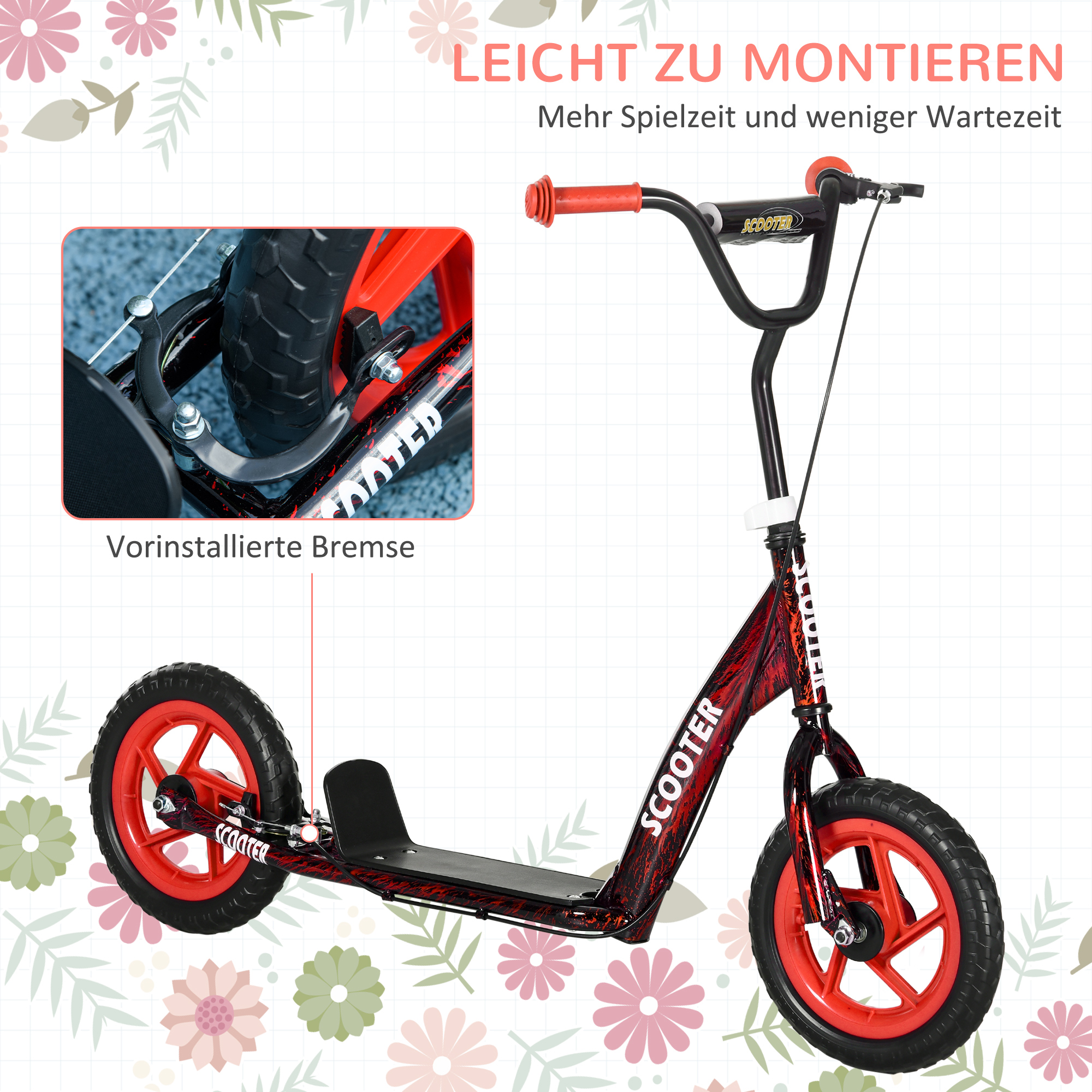 Kinderroller, höhenverstellbarer Tretroller für Kinder, mit Bremse, Ständer, 2 Räder, 50 kg Belastbarkeit, Stahl, Kunststoff, Rot