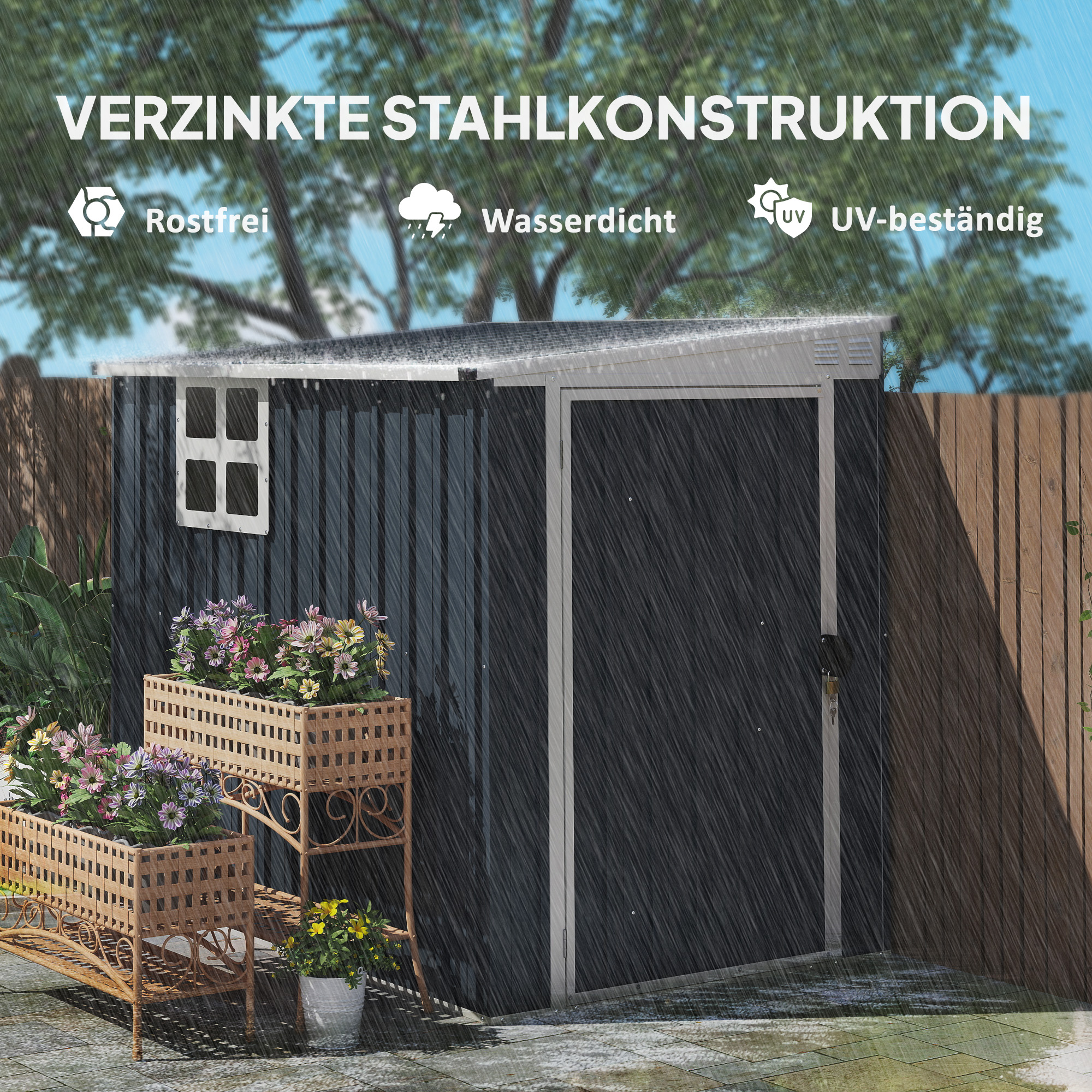 Gartenlagerschuppen, Werkzeugschuppen für Gartengeräte, Fenster, Lüftungsöffnungen, abschließbar, Stahl, Dunkelgrau