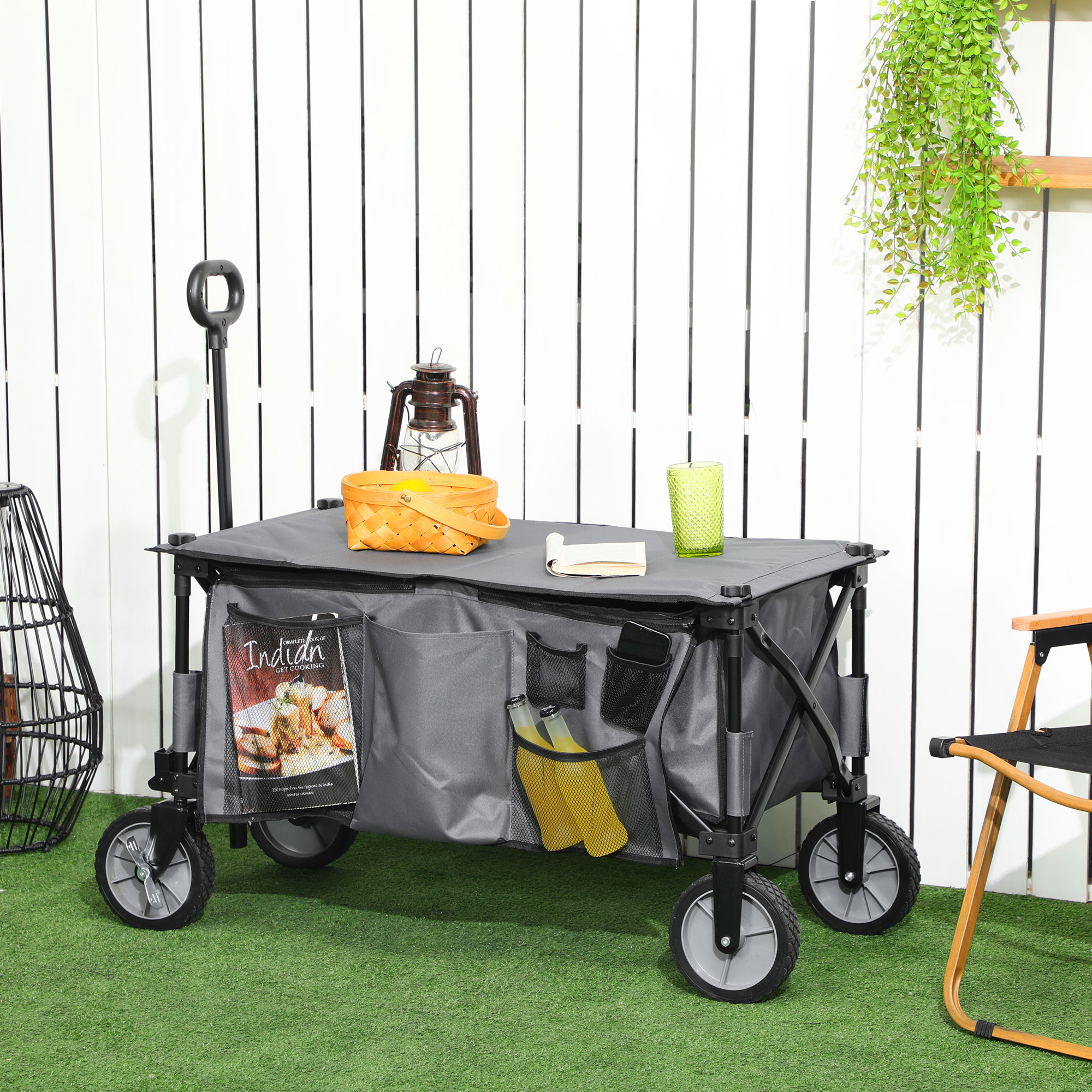Bollerwagen, klappbar, 5 Seitentaschen, verstellbarer Griff, bis 120 kg, Stahl, dunkelgrau, 100 x 55 x 93 cm