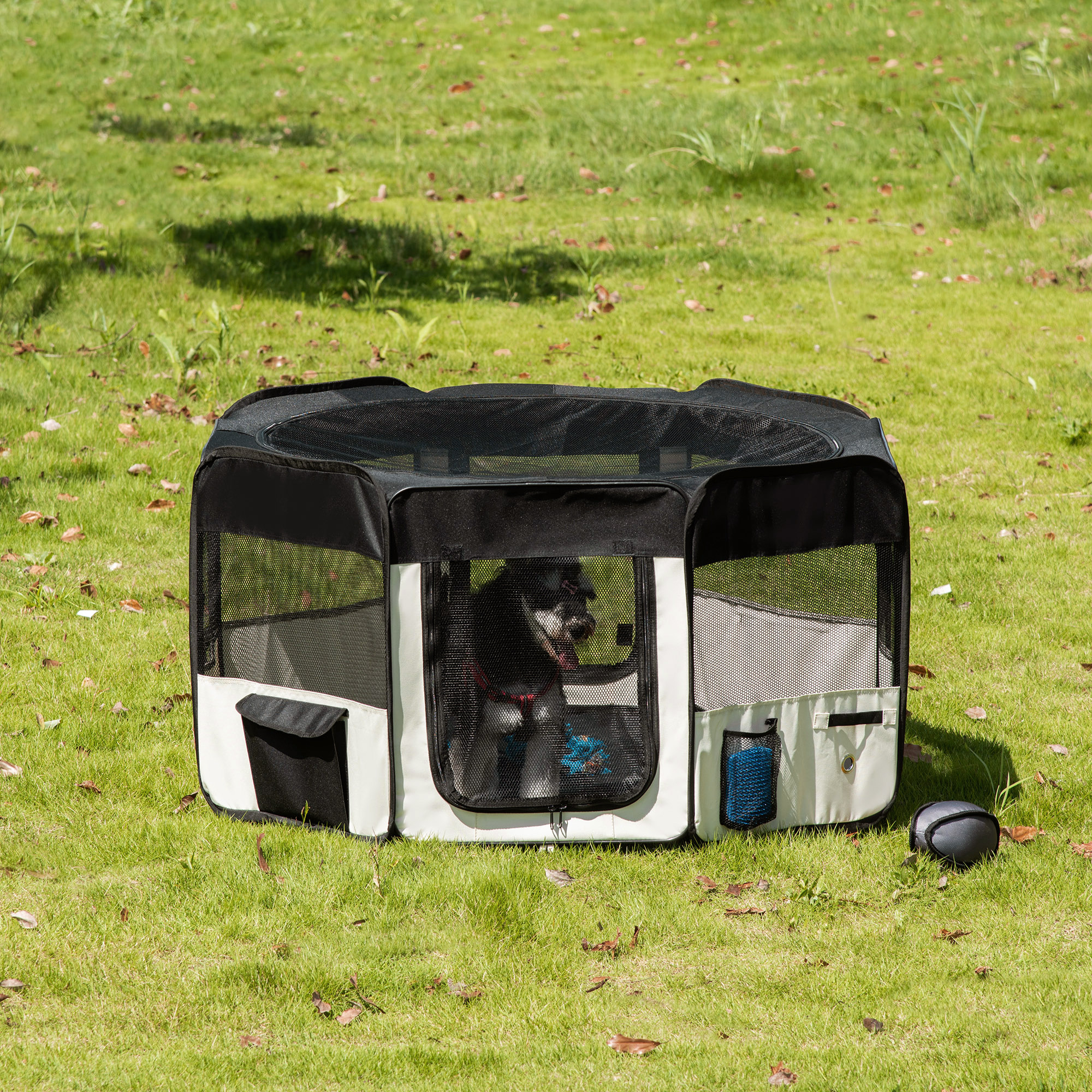 Welpenauslauf, Faltbar Welpenlaufstall mit Netzabdeckung, Laufstall für Hunde, Katzen, Kleintiere, Hundelaufstall aus atmungsaktives Netz, für Wohnung, Ø120 x 58H cm  Schwarz+Cremeweiß