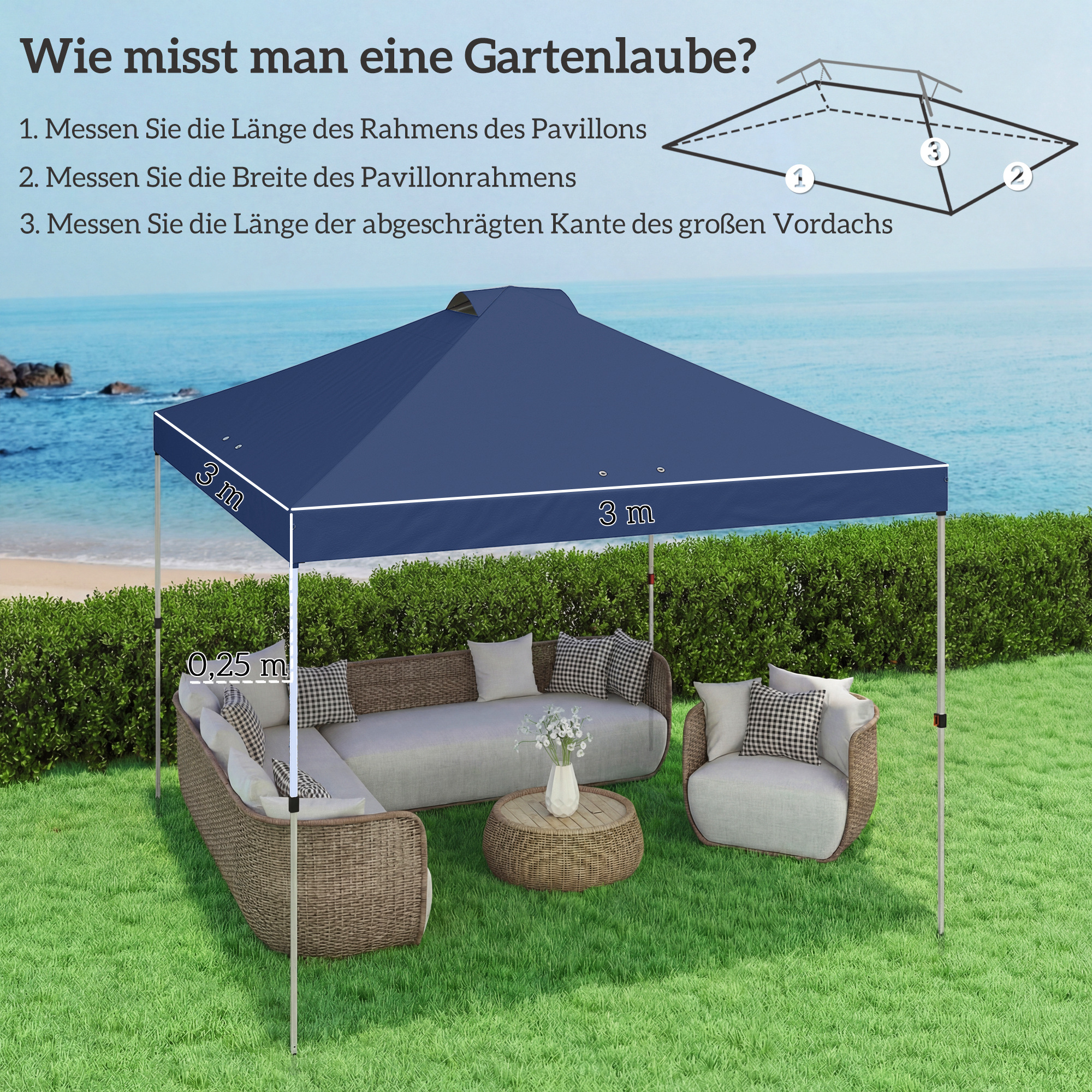 Pavillon-Dach Ersatz UV50+ wasserfest mit 8 Abflusslöchern 3 x 3 m, Blau