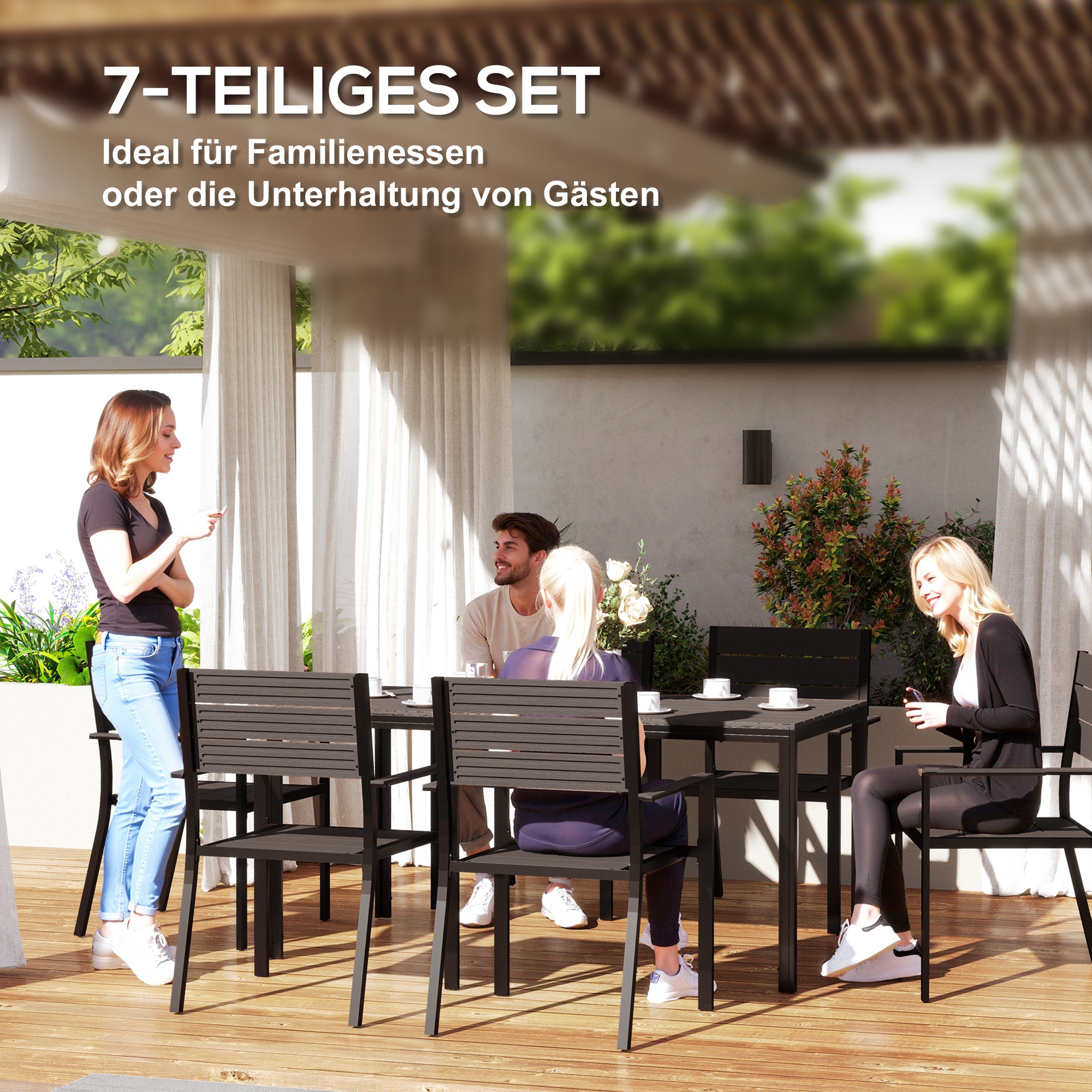 Sitzgruppe 7-teilig Essgruppe für 6 Personen Esstisch mit 6 Stühlen geschlitzte Tisch Dunkelbraun