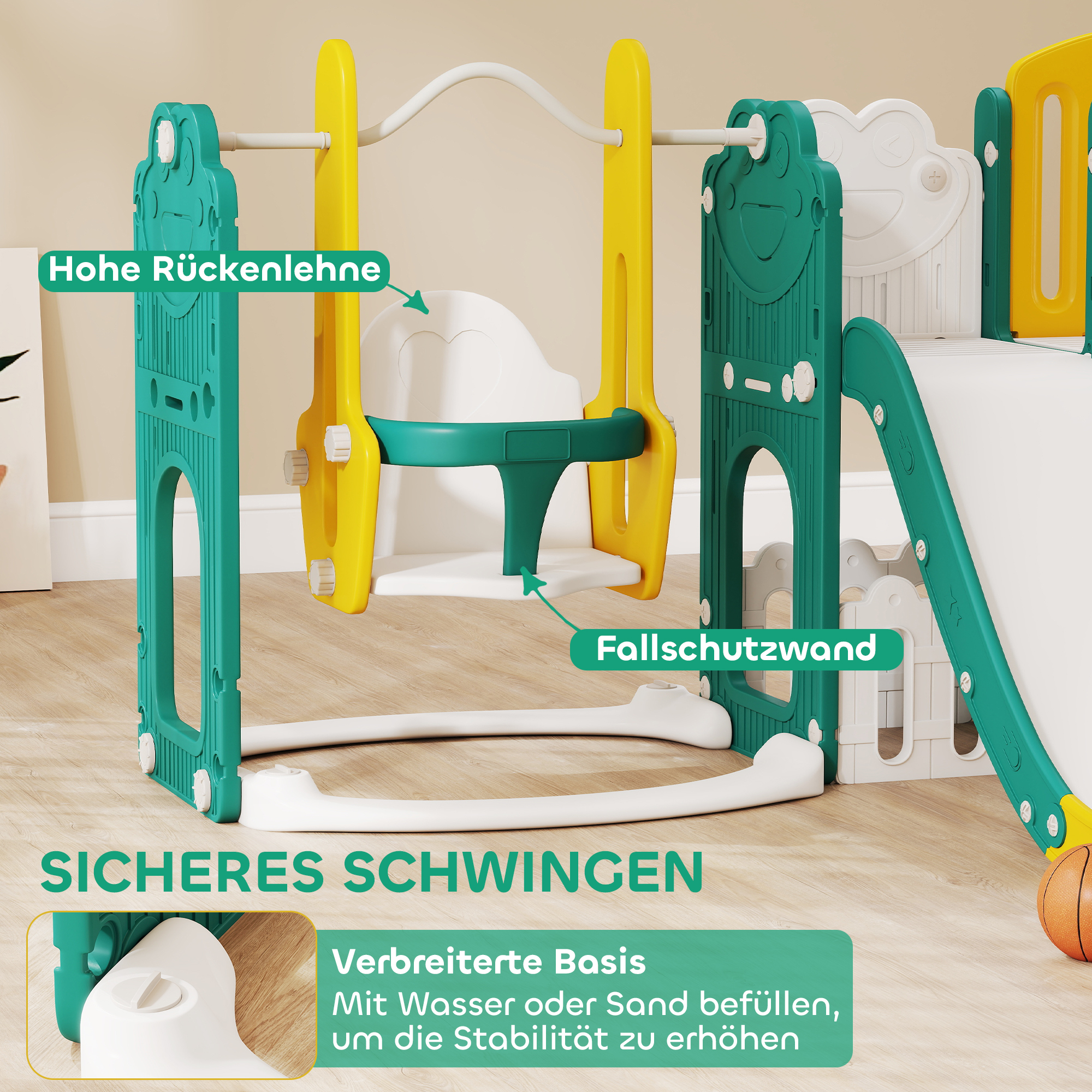 9-in-1 Rutschen- und Schaukelset für Kleinkinder, mit Basketballkorb, Teleskop, Zeichenbrett, Frosch-Design, Gelb+Grün