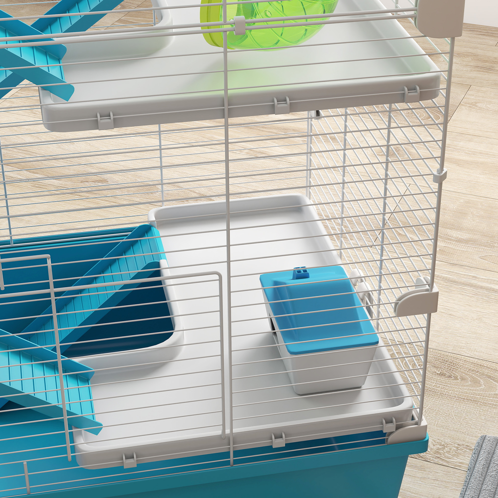 6-stöckiger Hamsterkäfig mit Röhren, Tunnels, Hütte, Laufrad, Futterschale, Wasserflasche, Rampen, Hellblau