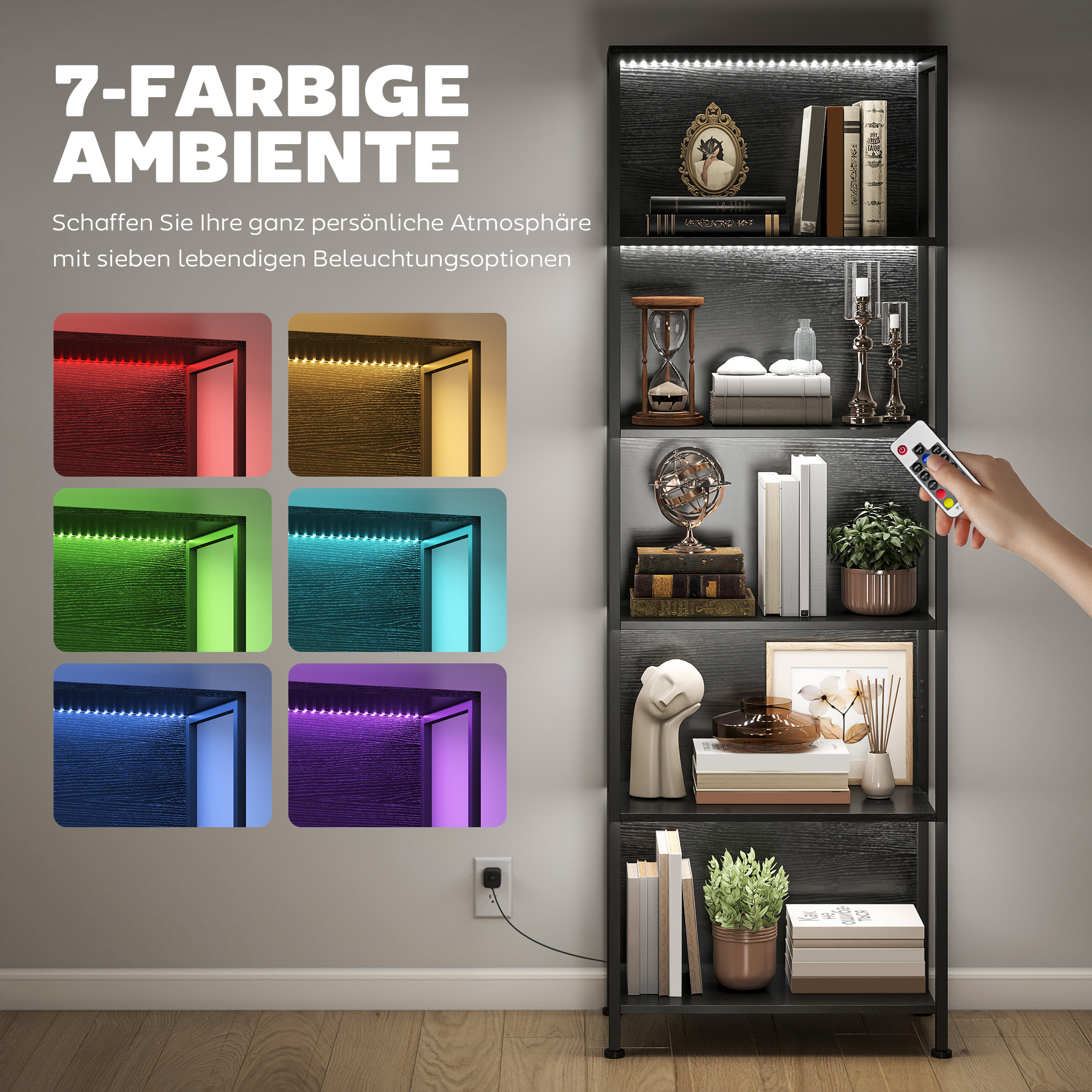 Bücherregal mit 5 Ebenen Standregal mit LED-Beleuchtung, 7 Lichtfarben, für Wohnzimmer, 60 x 30 x 179 cm Schwarz