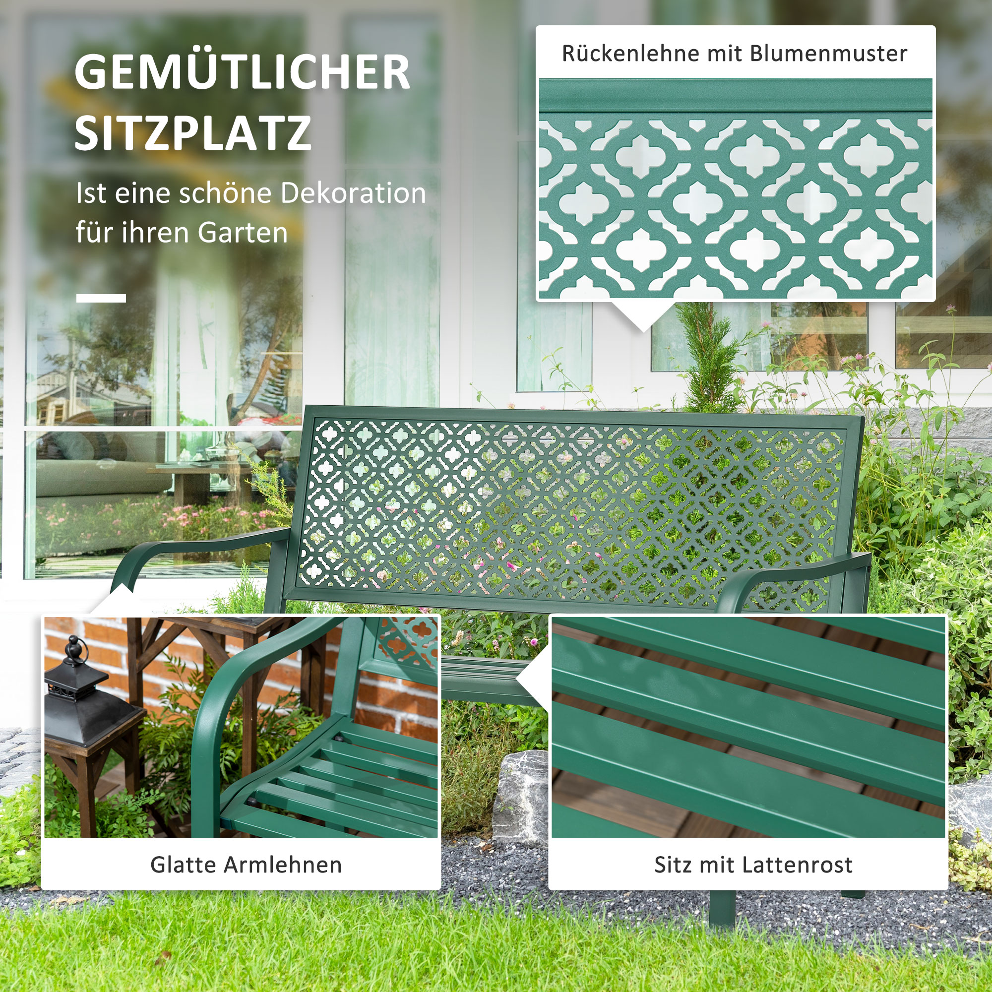 Gartenbank aus Metall, 2-Sitzer, wetterbeständig, 127 cm x 63 cm x 83 cm, Grün