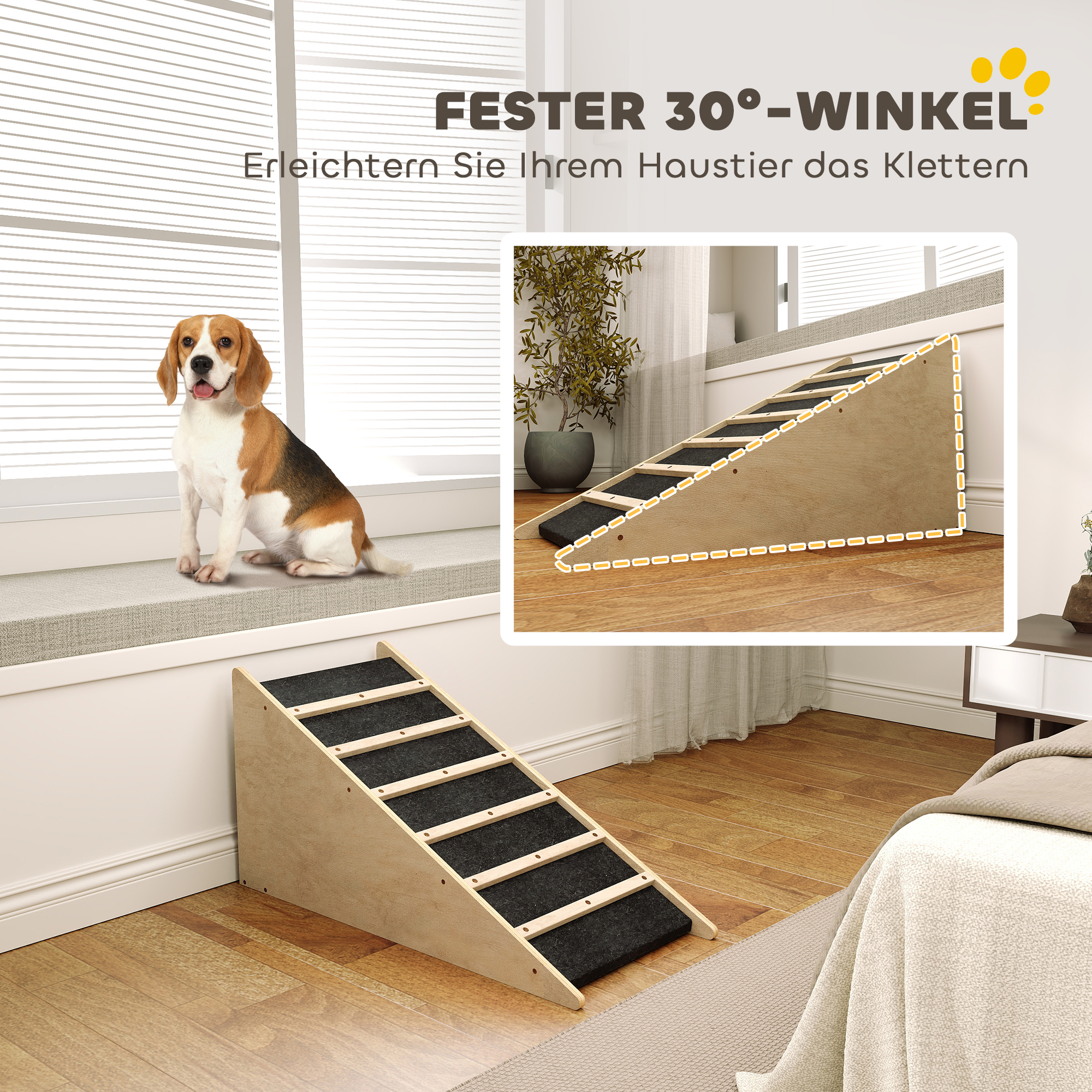 Haustiertreppe, Hundetreppe, Kiefernholz, Anti-Rutsch-Beschichtung, 90 cm x 40 cm x 45 cm, Natur + Grau