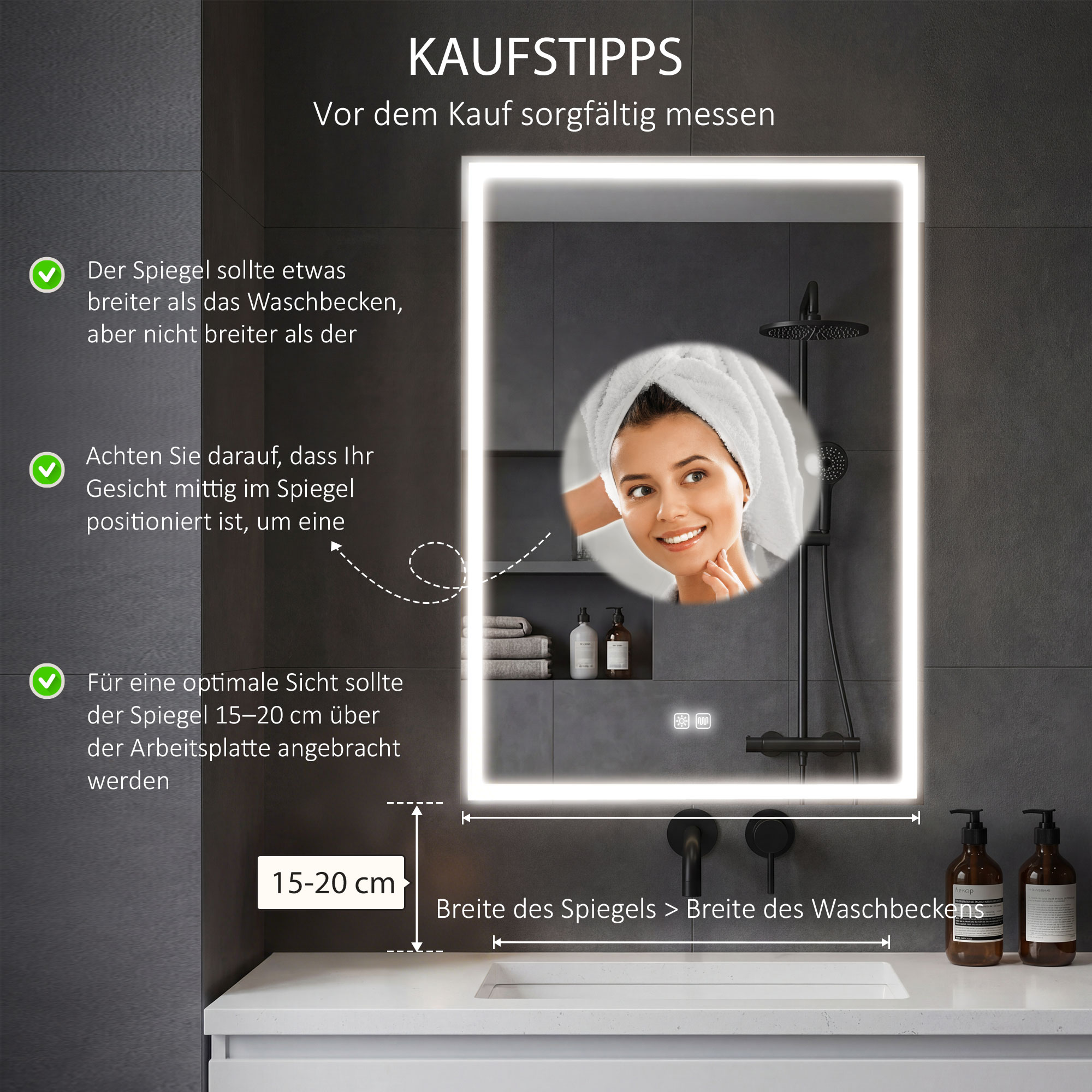 Spiegelschrank, Badschrank mit LED, 50 x 70 cm, dimmbar, Anti-Beschlag, Schwarz