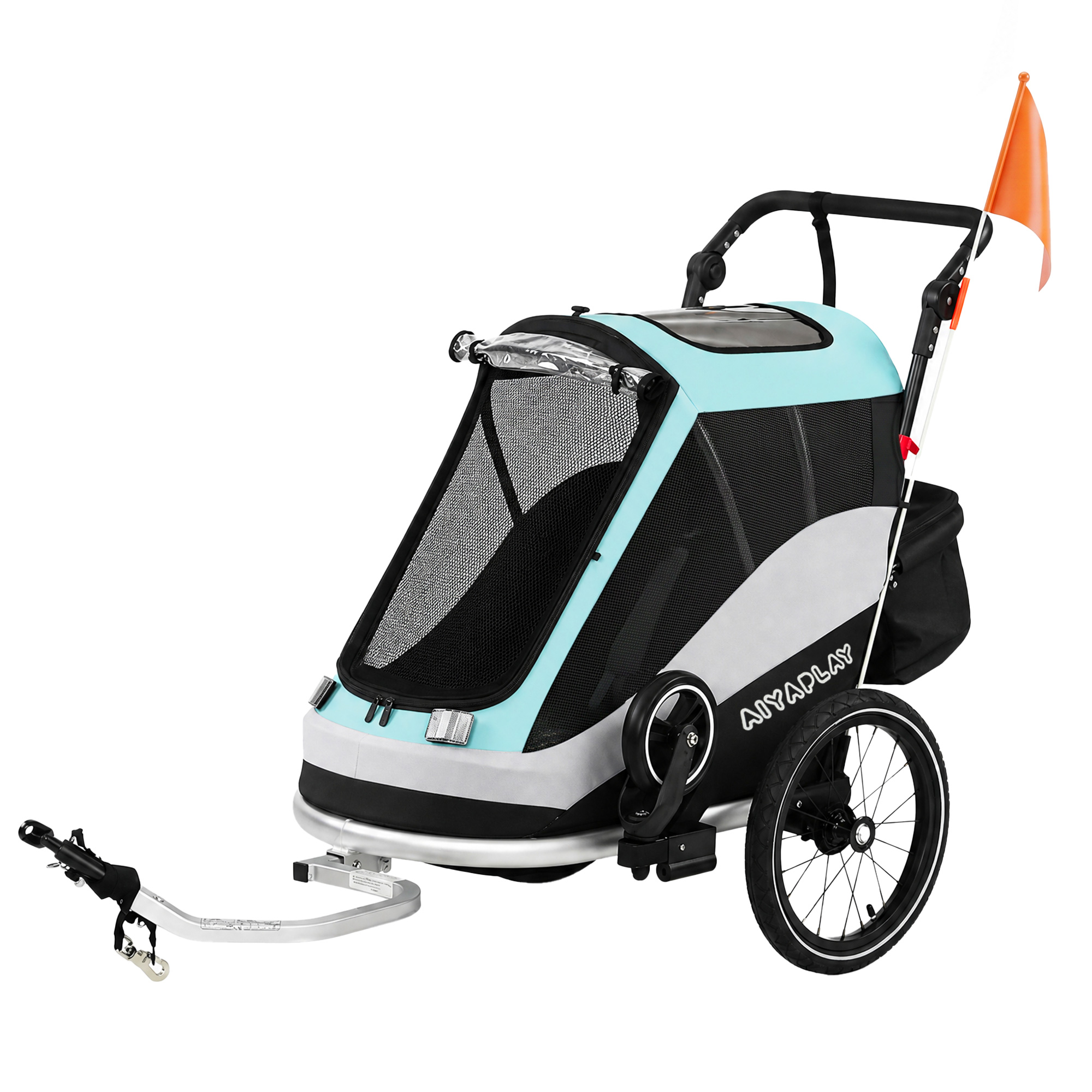 2 in 1 Fahrradanhänger & Buggy Faltbar Kinderfahrradanhänger mit 5-Punkt Gurt Reflektoren 16-Zoll-Luftreifen Bremse