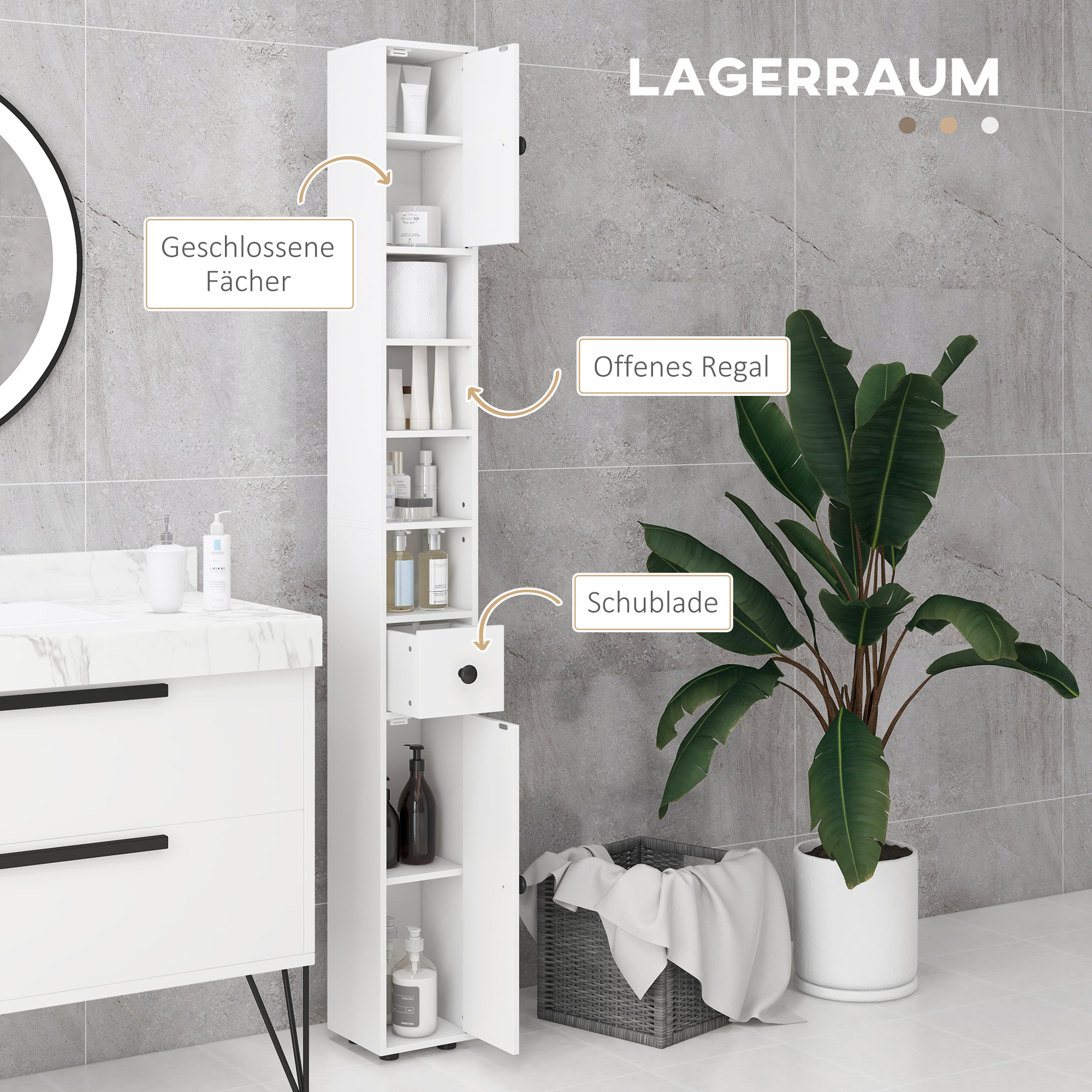 Badezimmerschrank, 4 Regale, Schublade, Spanplatte, schlankes Design, Weiß