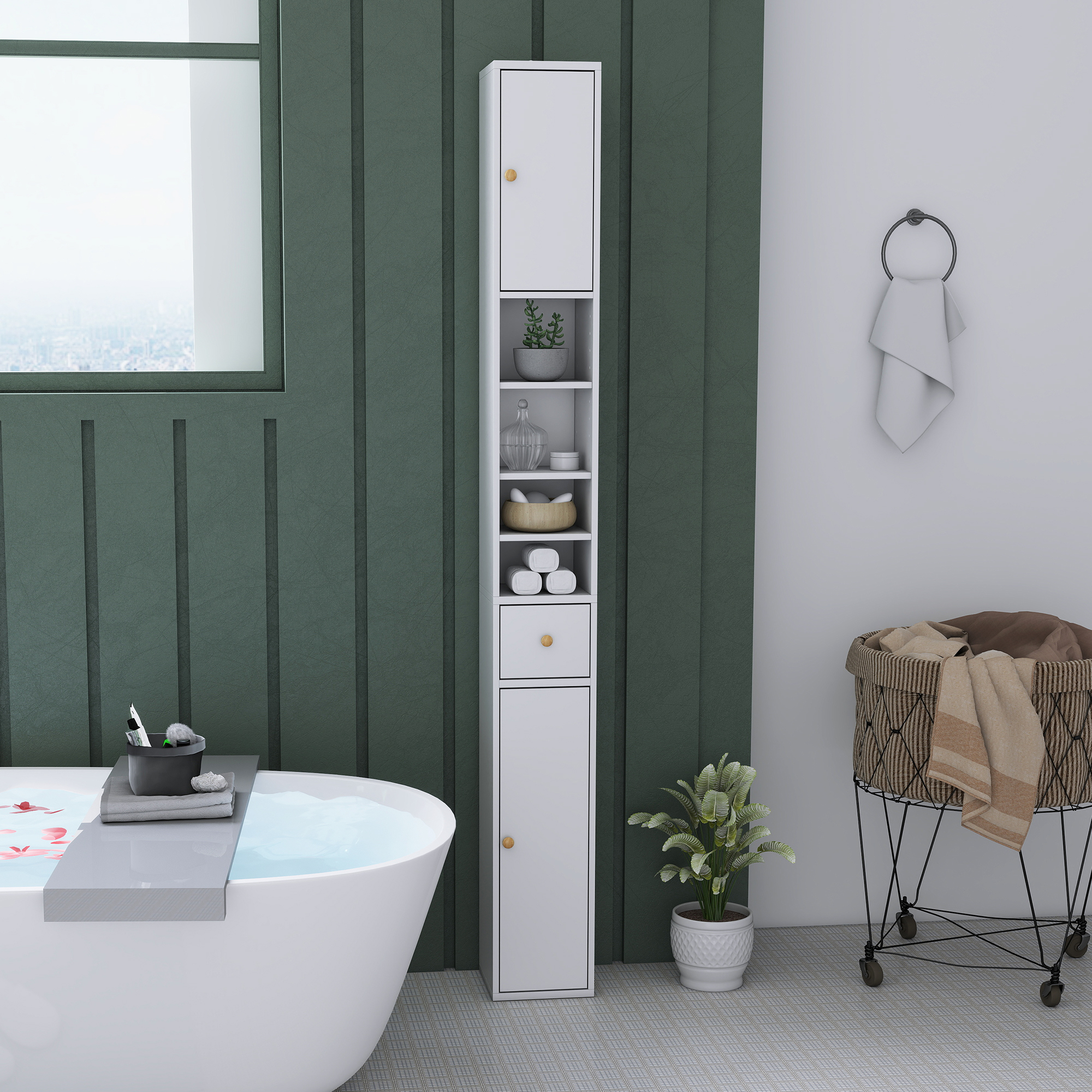 Badezimmerschrank, hoch und schlank, offene und geschlossene Bereiche, Weiß