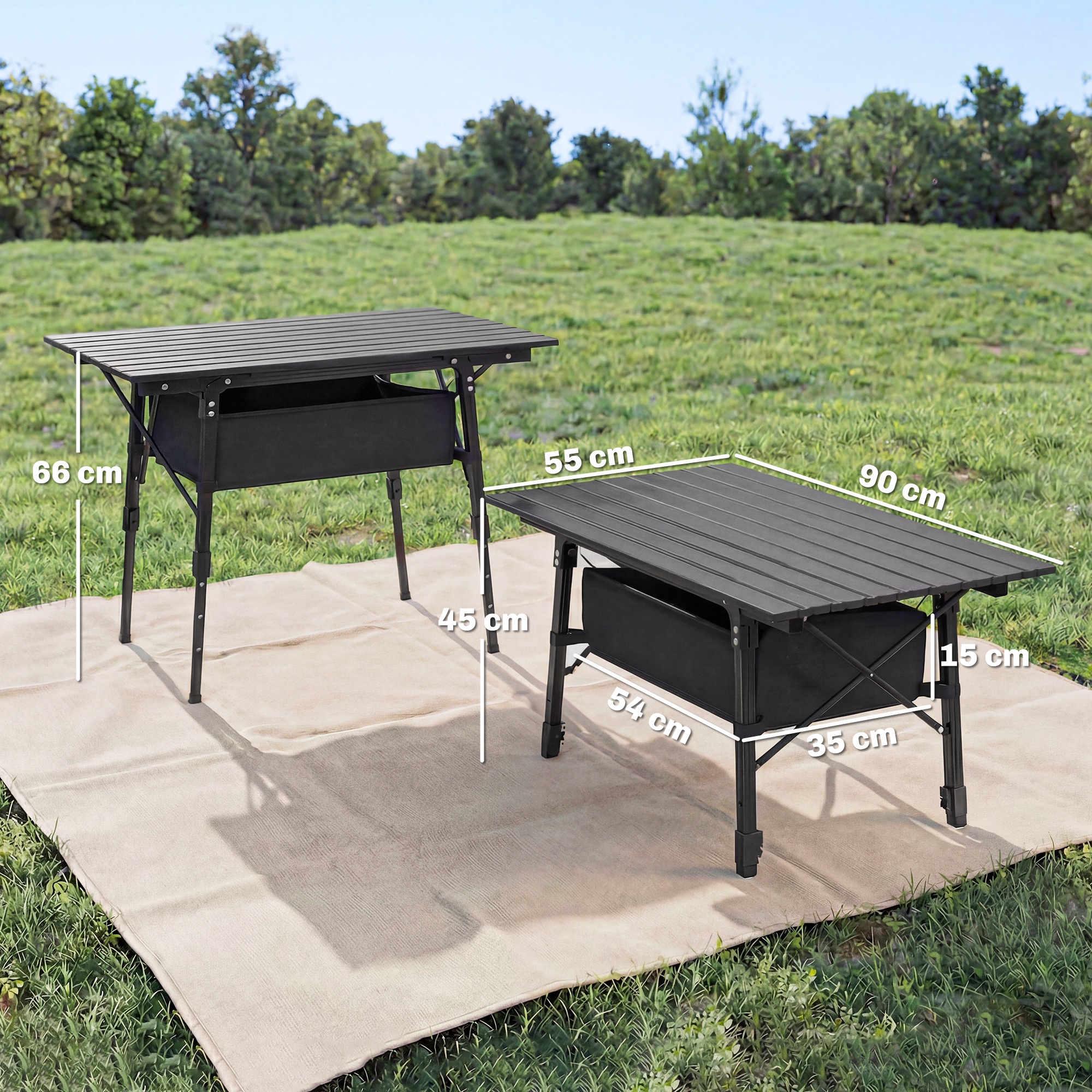 Campingtisch mit Aufbewahrungskorb, höhenverstellbar, faltbar, Aluminium, Schwarz