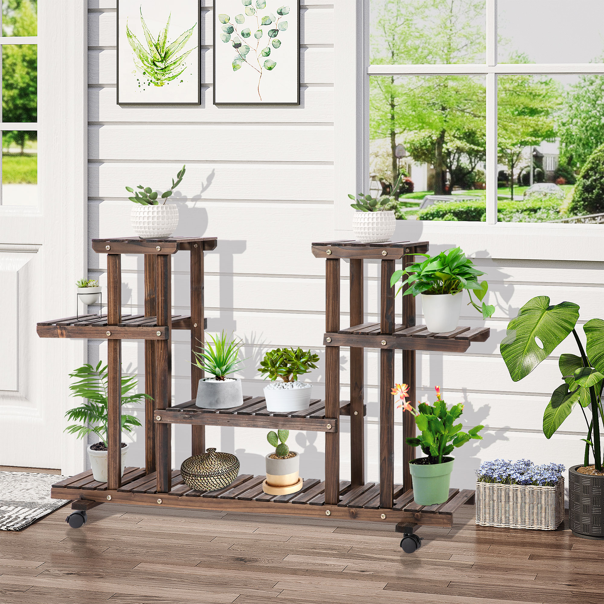 Blumentreppe 6 Regale 4 Rollen 123,5 cm × 33 cm × 80 cm Massivholz Braun 123,5 cm × 33 cm × 80 cm