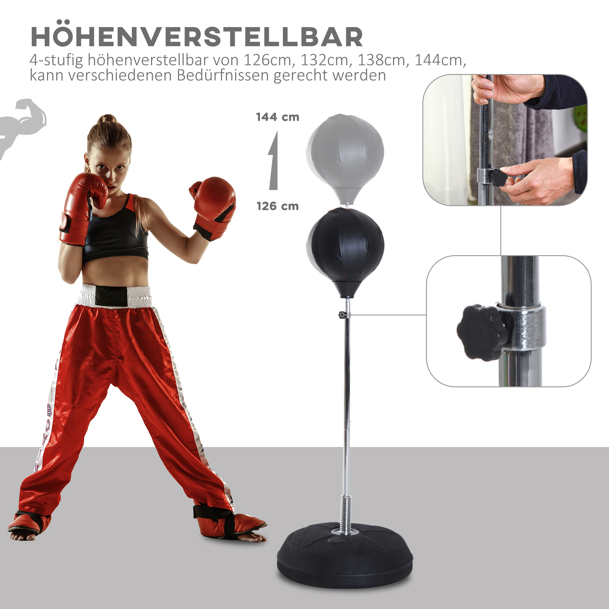 Box-Set mit Punchingball, höhenverstellbar, inkl. Boxhandschuhe, 126-144cm, Schwarz