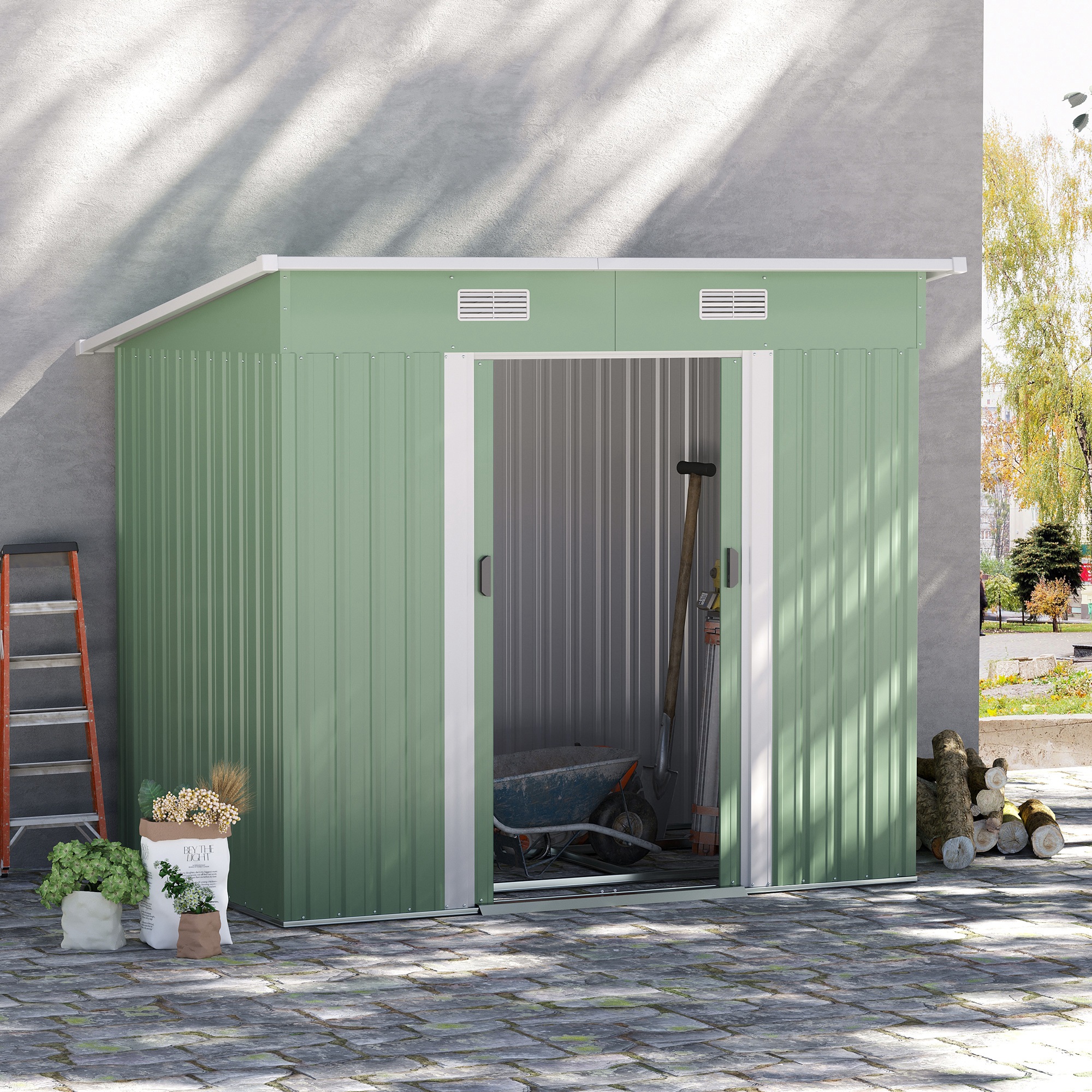 Gerätehaus Metall 2,3 m² 207 x 130 x 182 cm Geräteschuppen mit Pultdach Fenster Bodenrahmen Grün