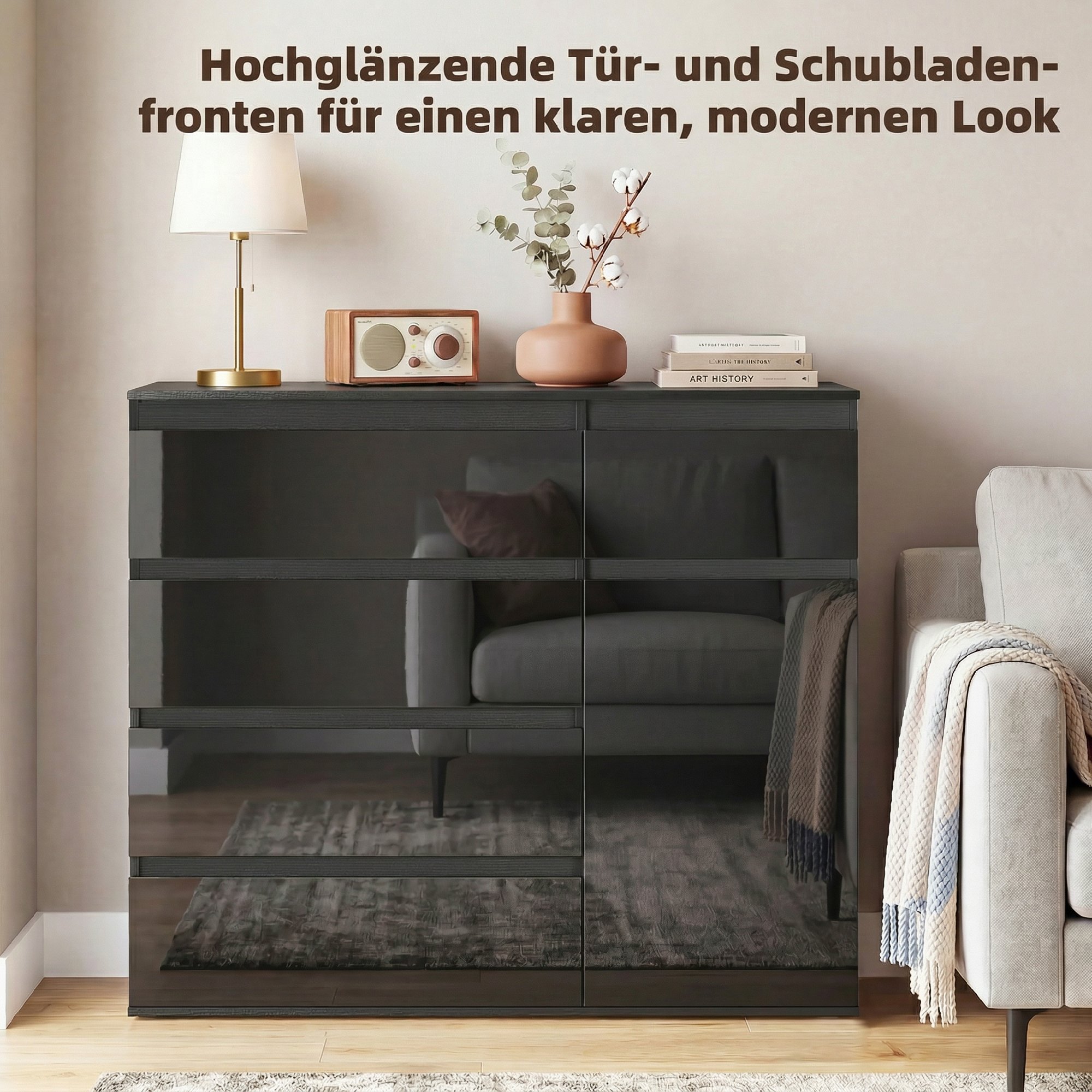Modernes Sideboard, Stauraum-Sideboard mit 5 Schubladen, verstellbarem Regal, Soft-Close-Tür, Schwarz Hochglanz
