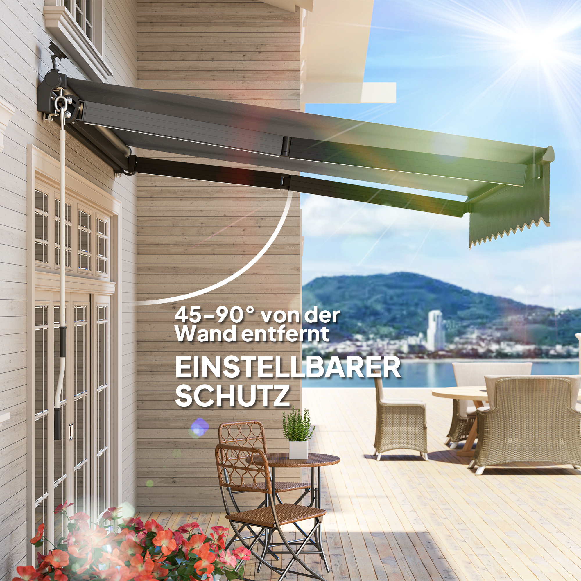 Klemmmarkise mit Handkurbel Solar-Lichte Gelenkarmmarkise Markise Sonnenschutz UV 50+ 300 cm breit Grau