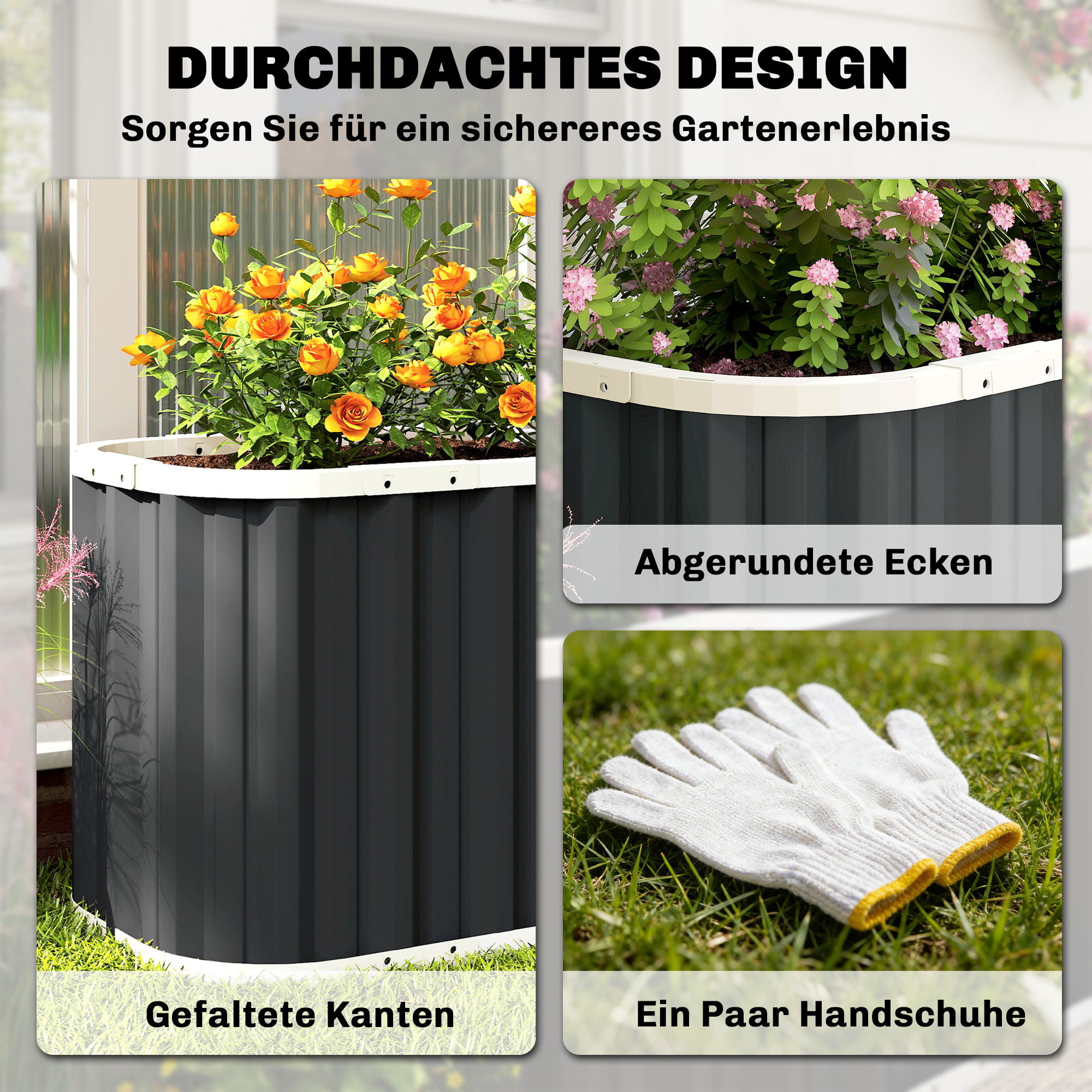 Hochbeet Metall 136 x 53 x 61 cm Tief Gartenbeet mit Schutzkanten Pflanzenetiketten Handschuhe Offenem Boden