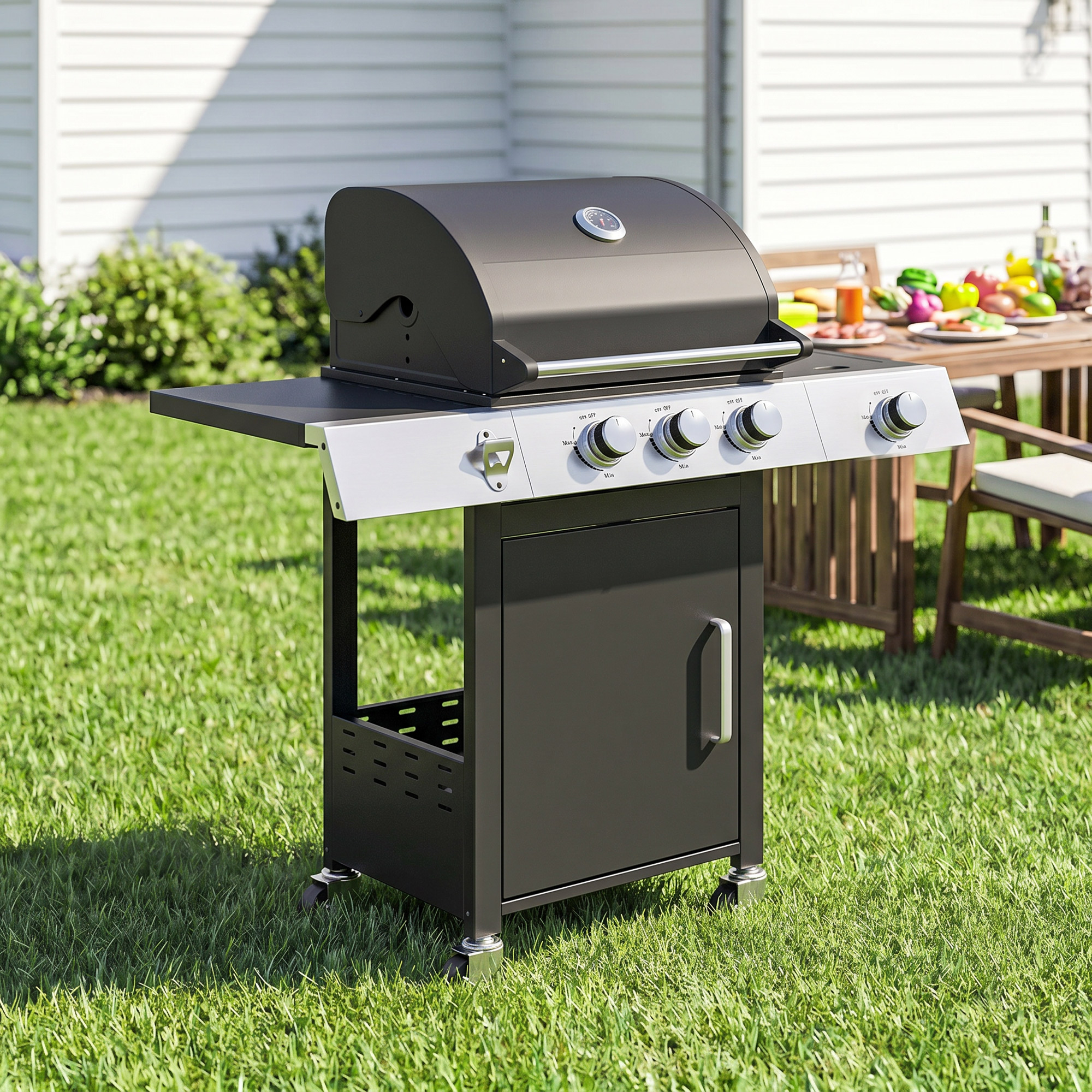 Gasgrill 10,5 KW 3+1 Brenner BBQ Grillwagen Edelstahl inkl Seitenbrenner Flaschenöffner Thermometer Gusseisen-Grillrost