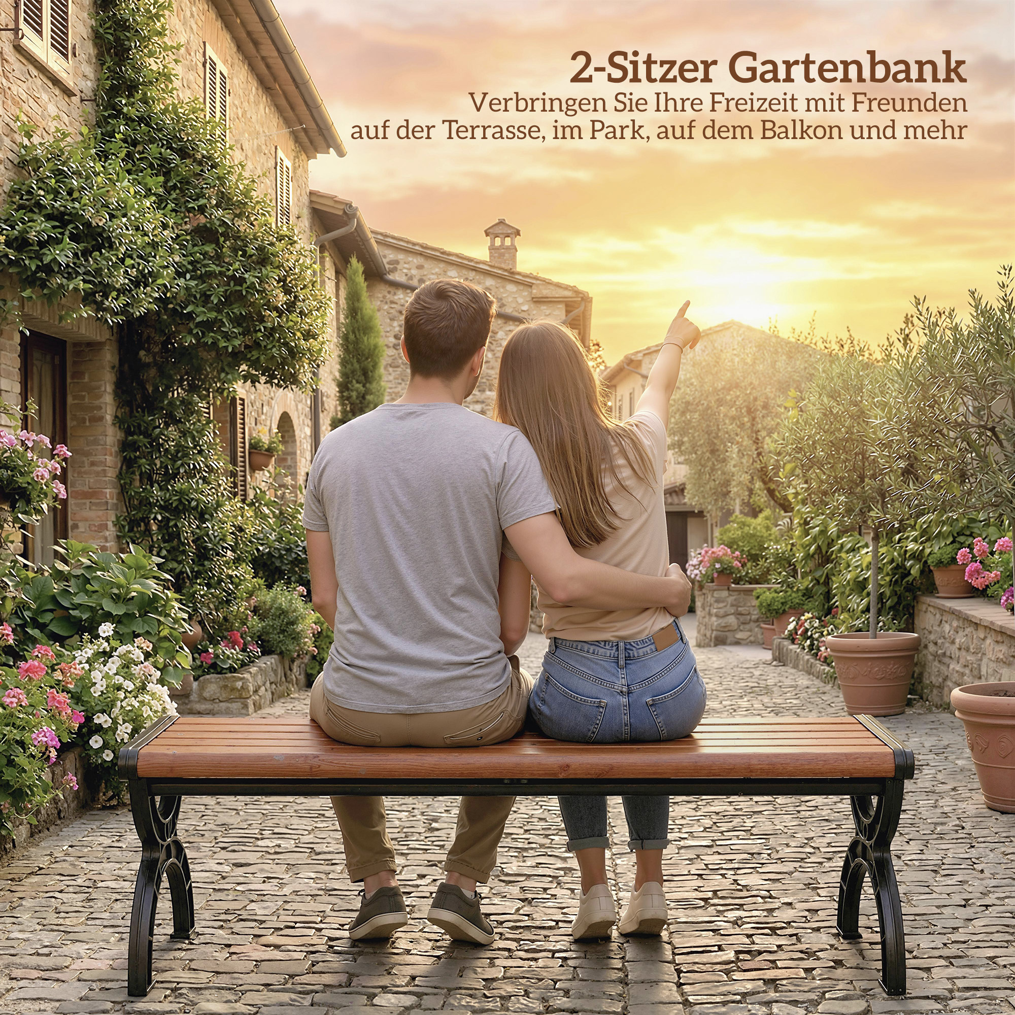 Gartenbank 2-Sitzer, Outdoor-Bank mit Metallrahmen und Latten-Sitz, Terrassenmöbel für Garten und Terrasse