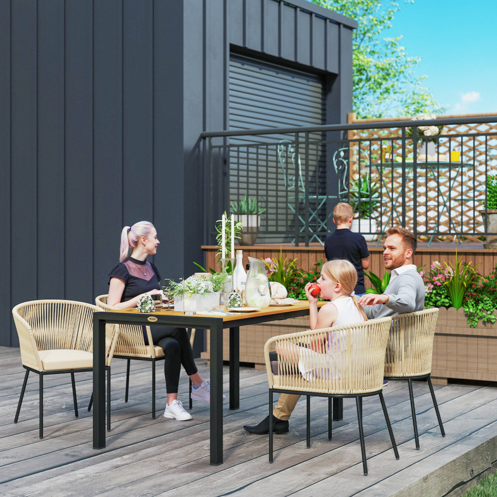 5-teiliges Gartenmöbel-Set, 4 Stühle, 1 Tisch, Kunst-Rattan, Stahlgestell, waschbare Kissen, für Terrasse, Khaki