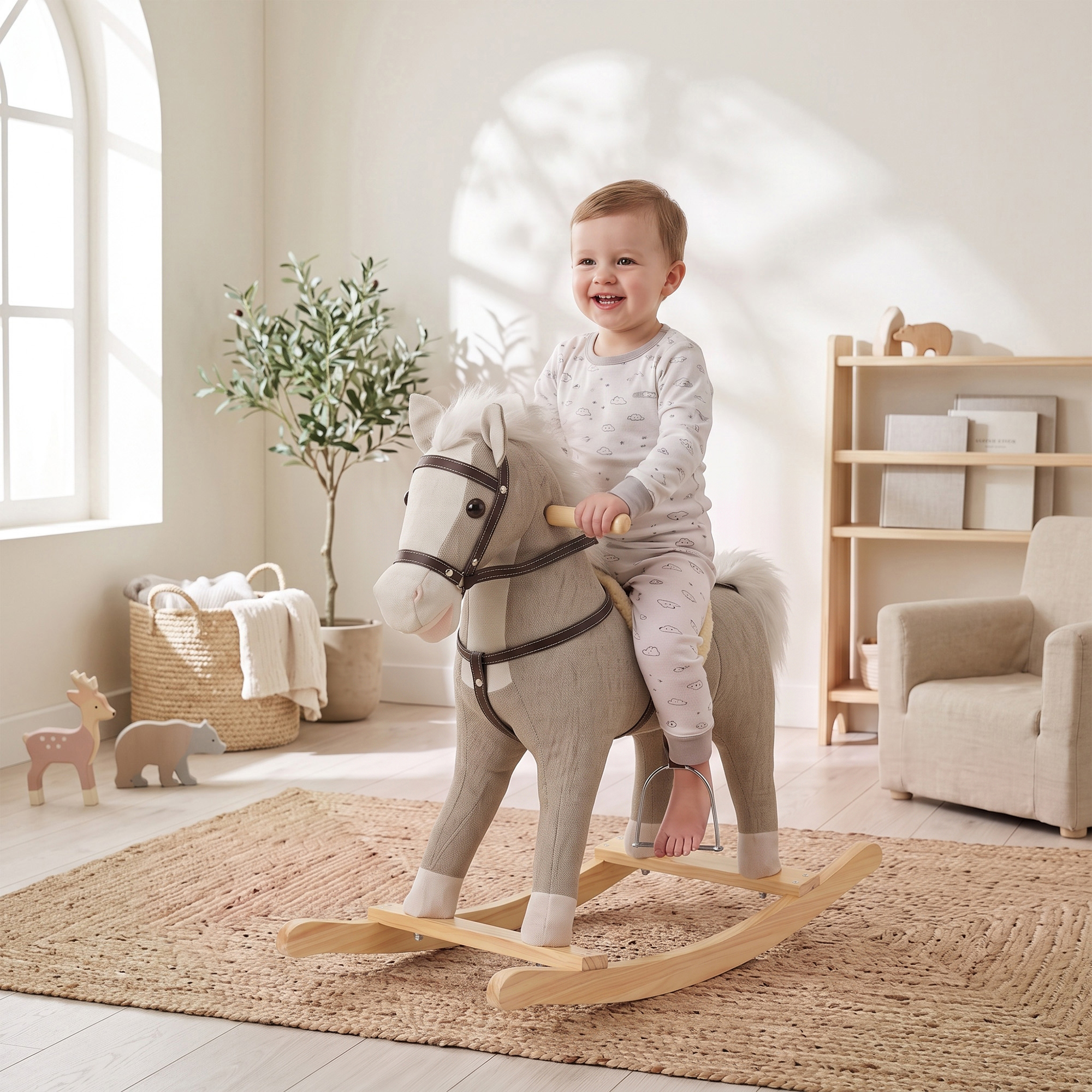 Schaukelpferd mit Sound und Sicherheitsgriffen, Reitpferd mit Holzgestell für Kleinkinder von 12–36 Monaten, Grau