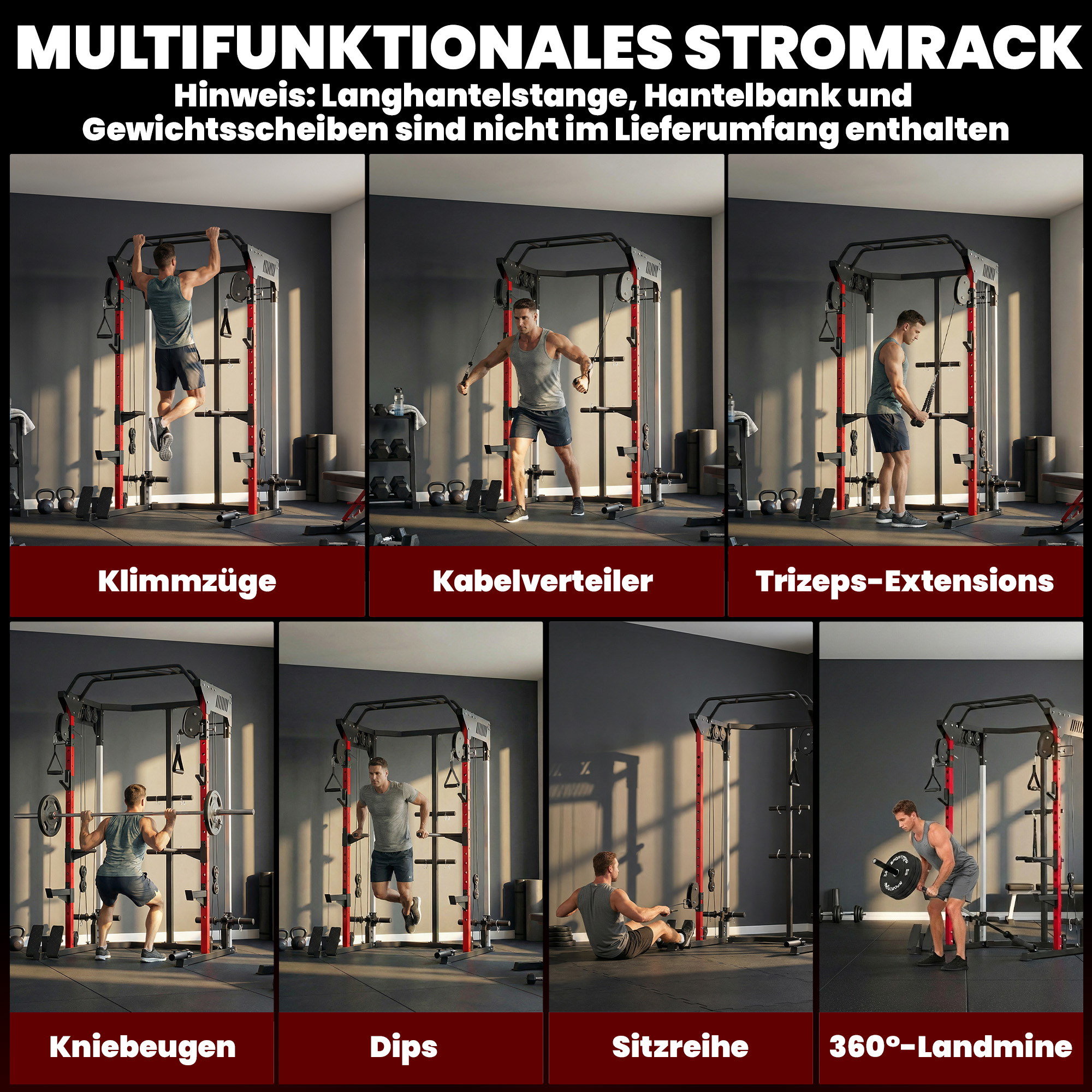 Power Cage Smith Machine, Power Rack mit verstellbarem Kabelzugsystem, multifunktional bis 300kg