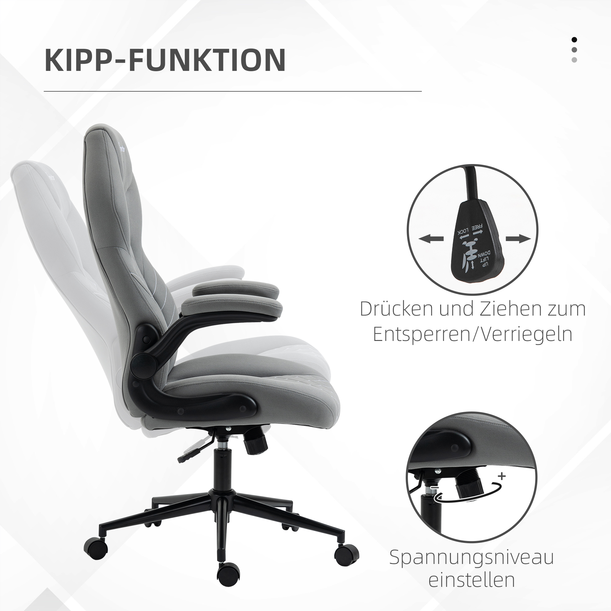 Bürostuhl mit Rückenlehne, höhenverstellbar, klappbare Armlehnen, Wippfunktion, Hellgrau